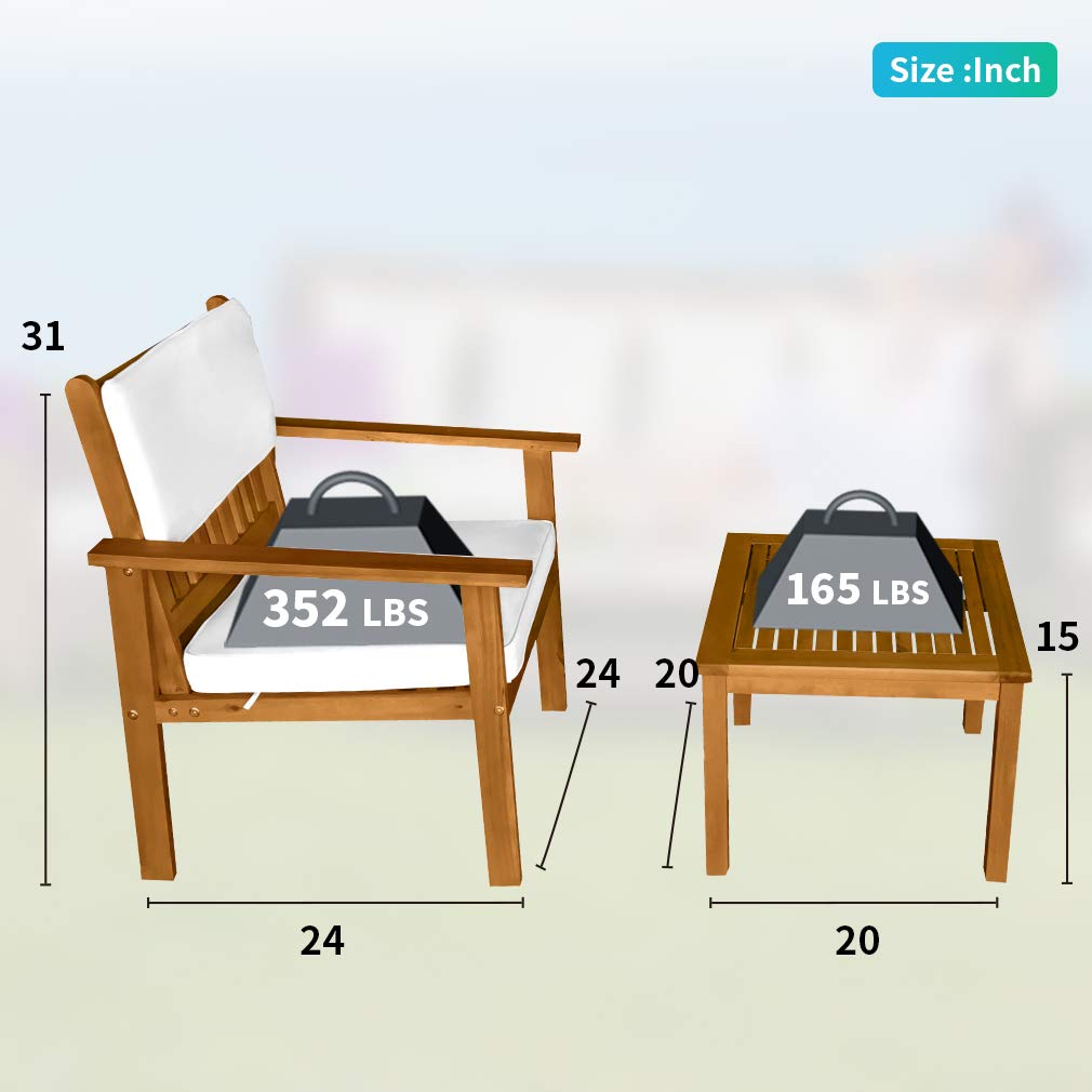 3-Piece Acacia Wood Patio Bistro Set - Outdoor Dining Furniture with Water-Resistant Cushions & Coffee Table - Perfect for Beach, Backyard, Garden, and Poolside Relaxation