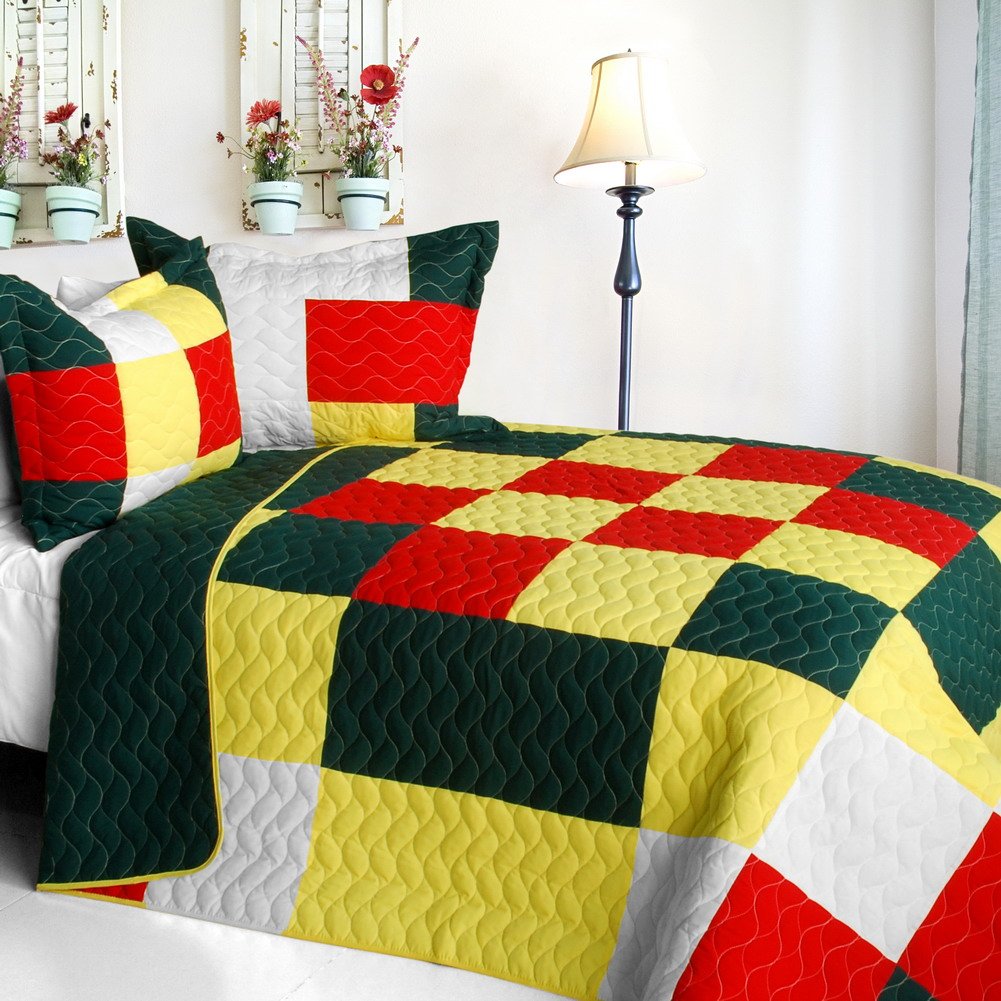 Ixora Chinensis Vermicelli-Quilted Patchwork Plaid Quilt Set - Full/Queen Size Bedding for Cozy Bedroom Decor