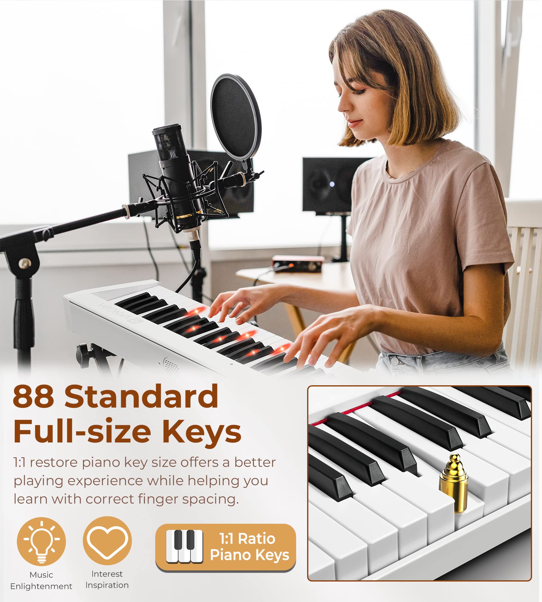 Vangoa 88-Key Digital Piano Keyboard for Beginners - Electric Piano with Touch Sensitive Keys, Sustain Pedal, Power Adapter & Carrying Bag - Includes APP Learning System - Perfect for Home Practice, Music Lessons & Studio Recording (White)