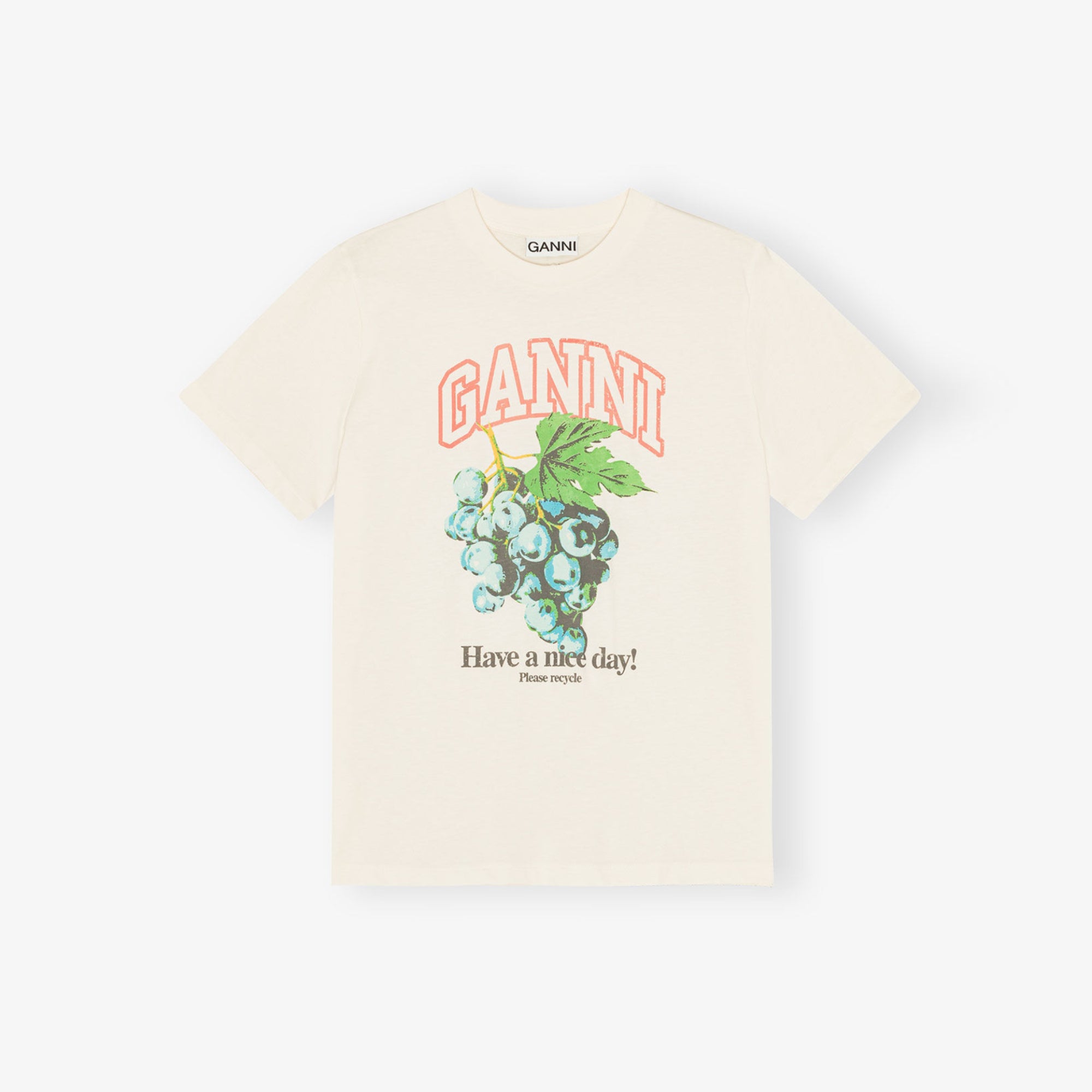 Soft Cotton Jersey Relaxed Fit T-Shirt with Grape Print - Egret Color for Casual Wear & Summer Outfits
