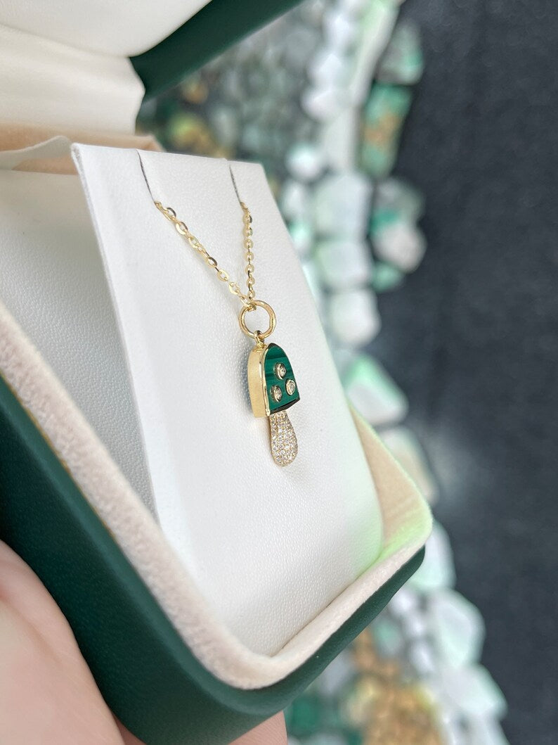 3.13tcw 14K Gold Natural Malachite & Diamond Mini Mushroom Pendant Necklace - Elegant Dainty Jewelry Gift for Women, Perfect for Everyday Wear, Parties & Special Occasions