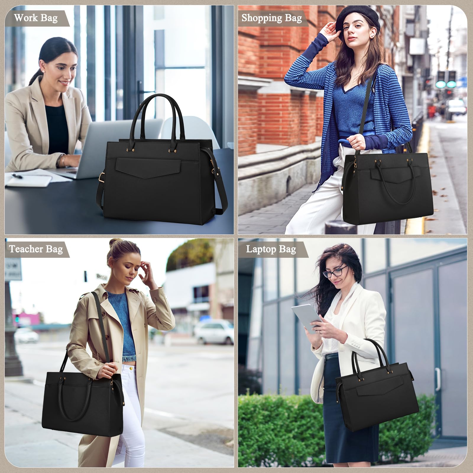 Stylish 15.6 Inch Leather Laptop Tote Bag for Women - Professional Work Bag with Matching Clutch Purse (2-Piece Set) - Perfect for Office, Business Travel, Teaching & Daily Commute - Black