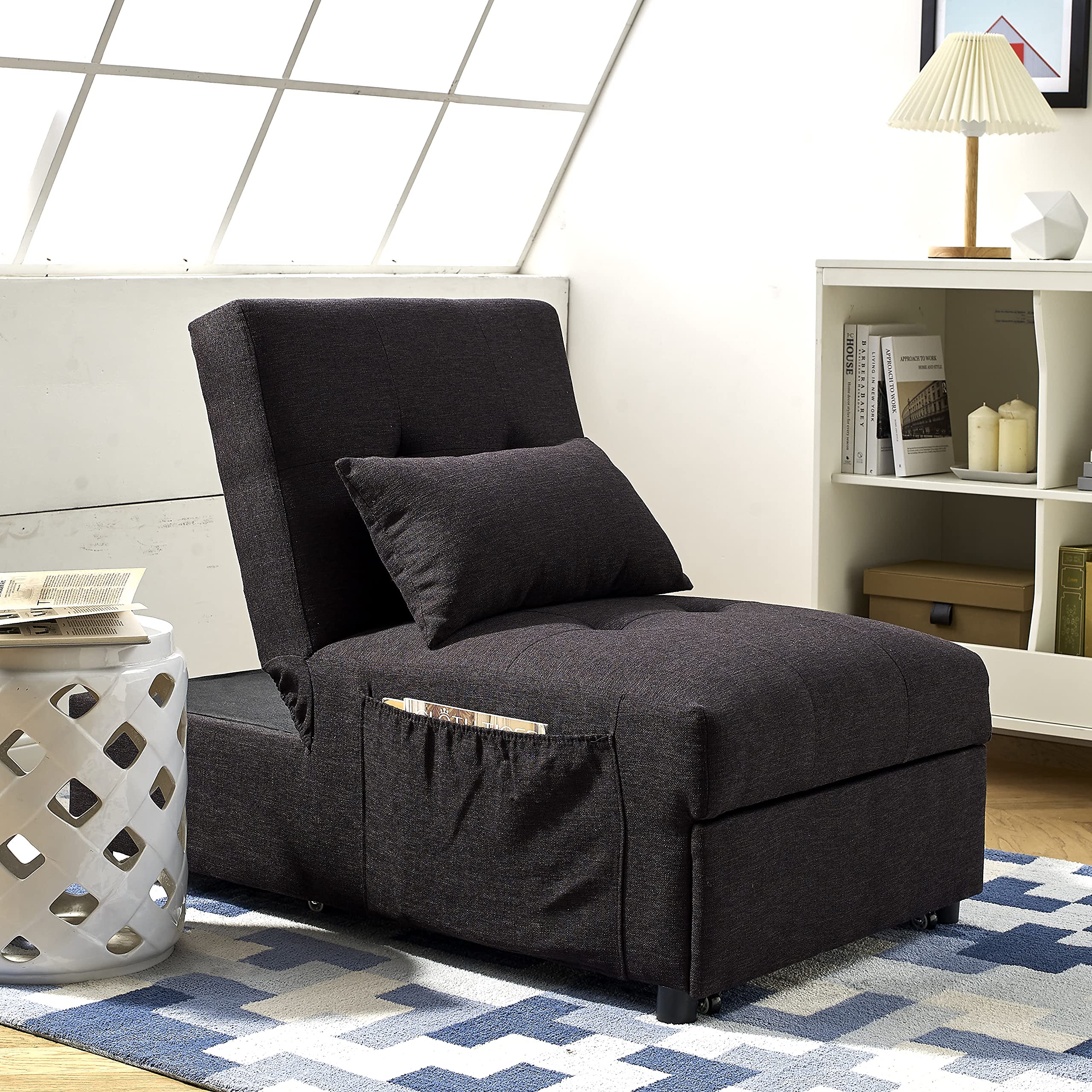 4-in-1 Convertible Folding Sleeper Sofa Bed - Pull Out Ottoman Chair, Adjustable Backrest Chaise Lounge for Living Room, Bedroom & Small Spaces (Black) | Perfect for Guest Sleeping, Relaxing & Space Saving