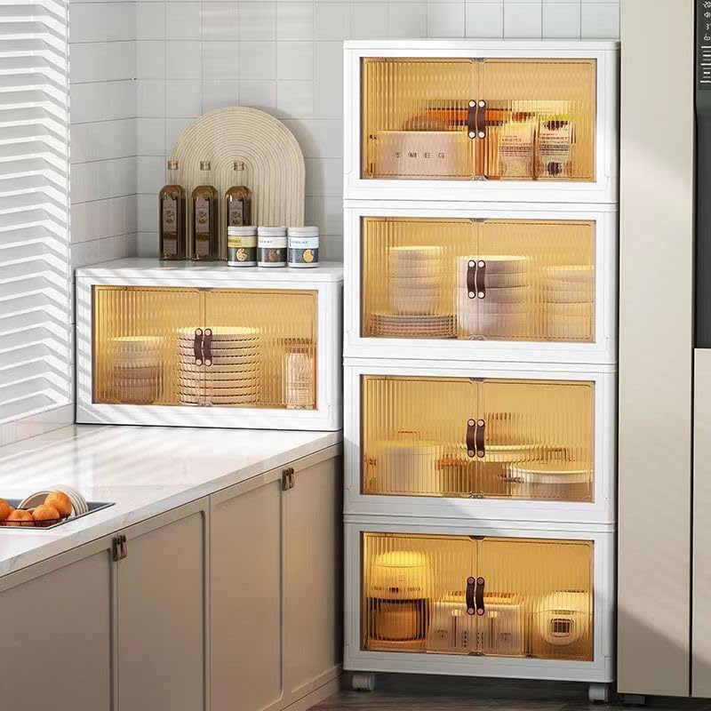 59QT Collapsible Storage Bins with Lids & Wheels - Foldable Plastic Storage Box with Doors, Stackable Closet Organizer for Bedroom, Garage, or Office (5-Tier, Space-Saving Design)