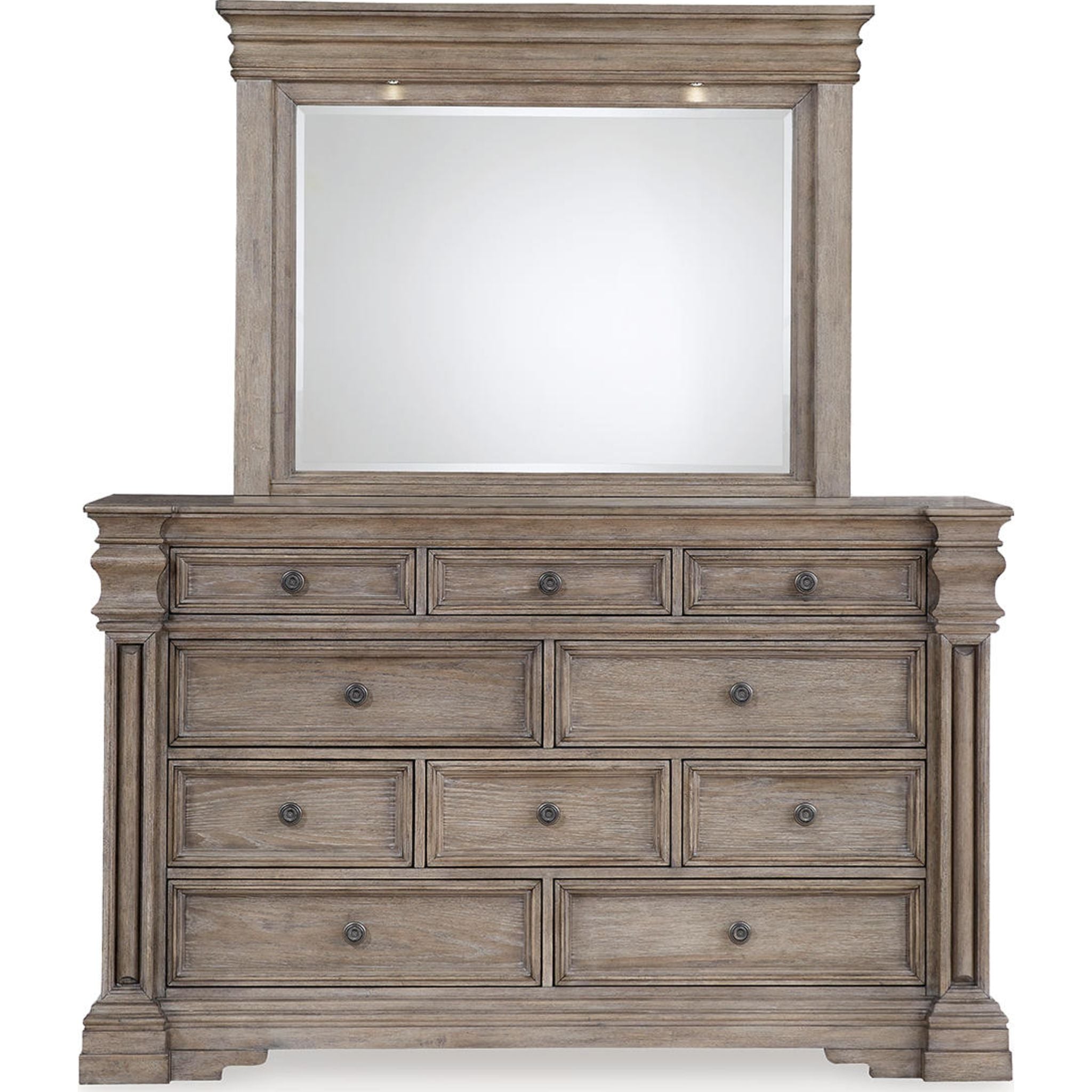 Blairhurst 6-Drawer Dresser with Mirror - Light Grayish Brown Finish for Bedroom & Living Room Storage