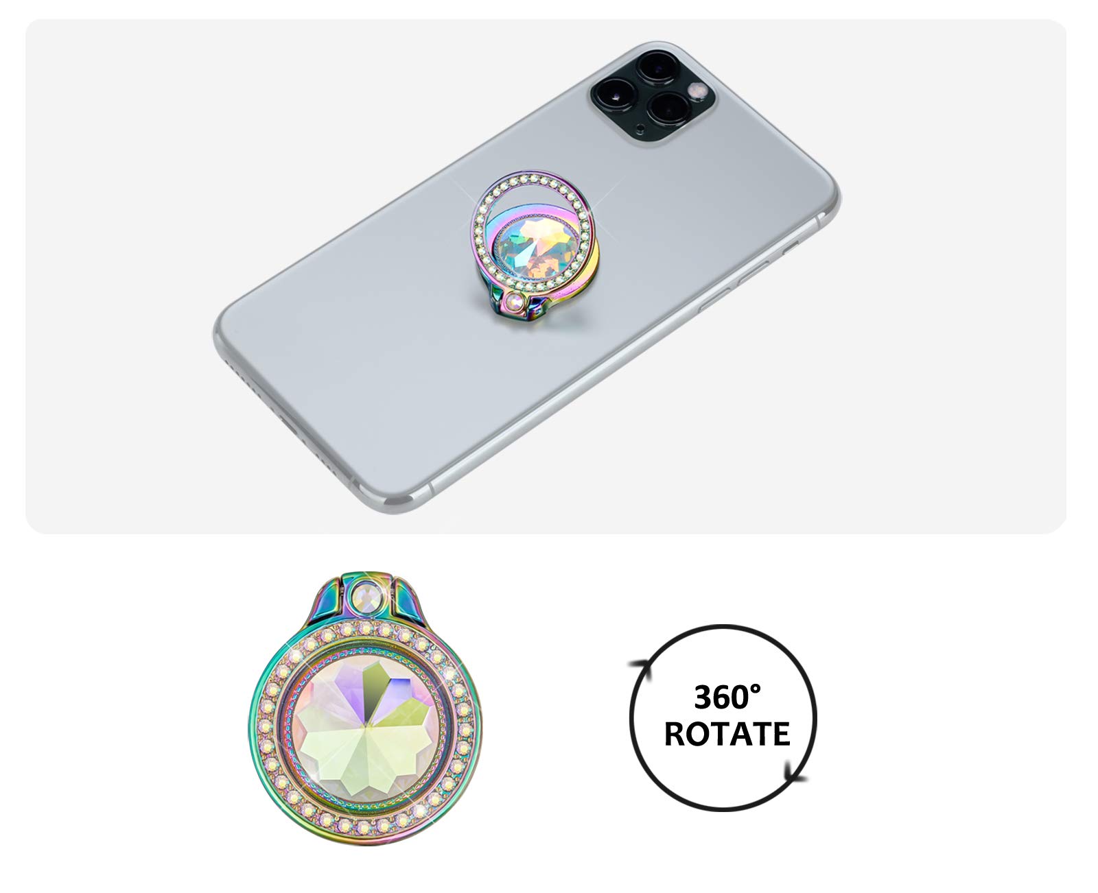 Iridescent Glitter Phone Ring Holder with Rainbow Sparkle & Teal Rhinestones - Bling Bling Artificial Diamond Stand for Cell Phones | Perfect for Selfies, Videos & Secure Grip (Stylish Phone Accessory for Women & Girls)