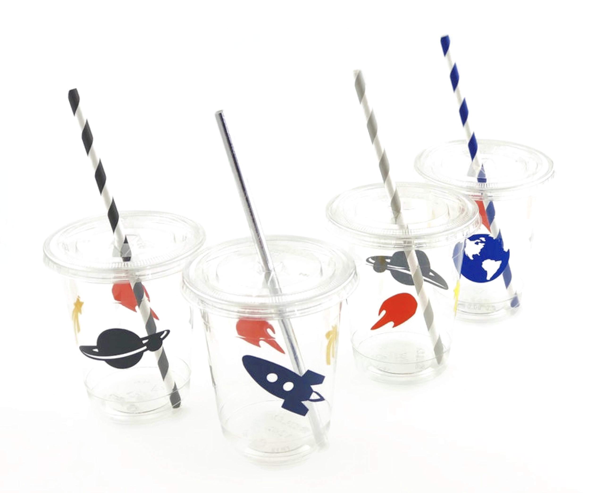 Galaxy Rocket Space Themed Disposable Cups with Lids & Straws - 12 Pack for Birthday Parties, Baby Showers, and Cosmic Events