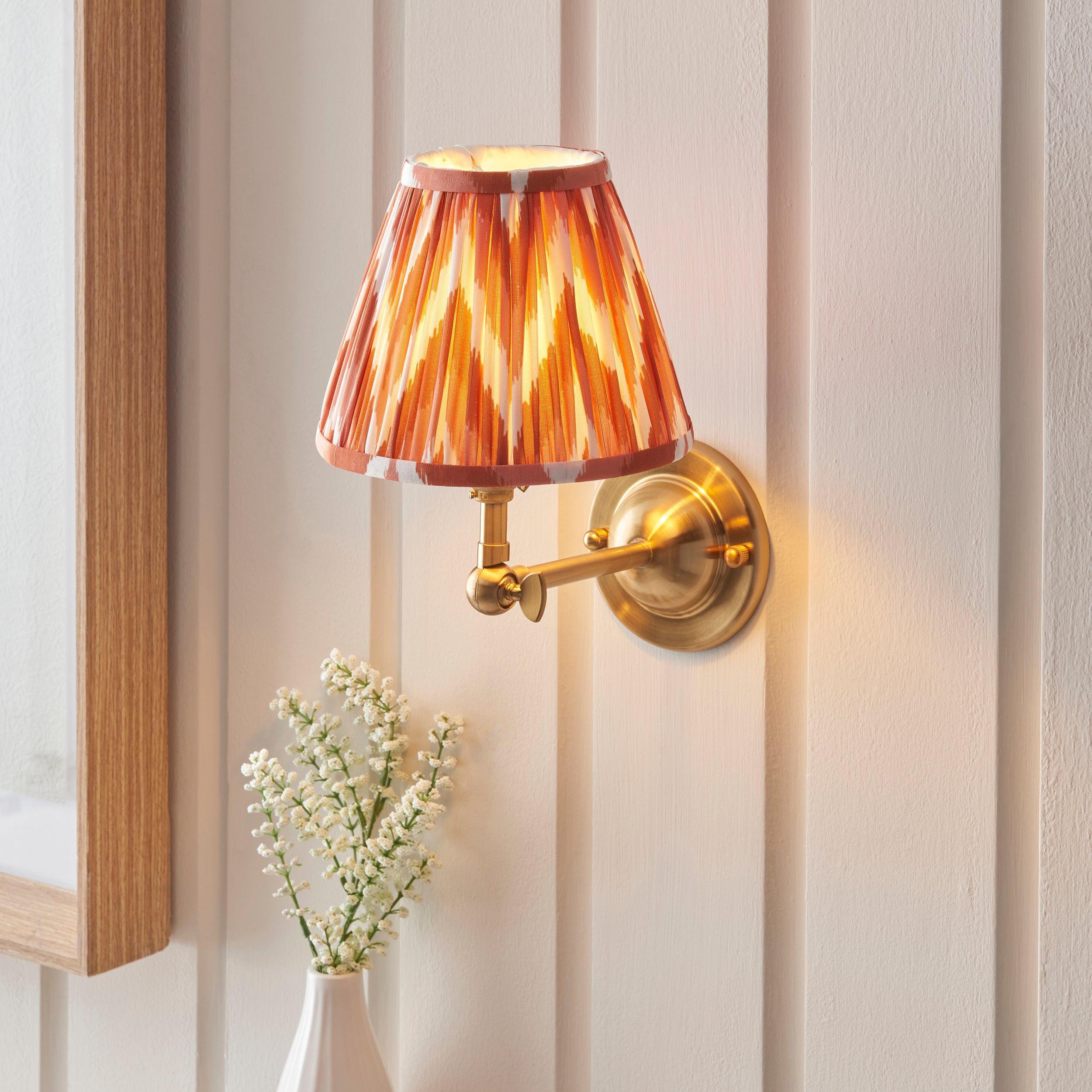 Vintage Dome Wing Brass Wall Light with 16cm Apricot Orange Zigzag Shade - Perfect for Bedroom, Living Room, and Hallway Lighting