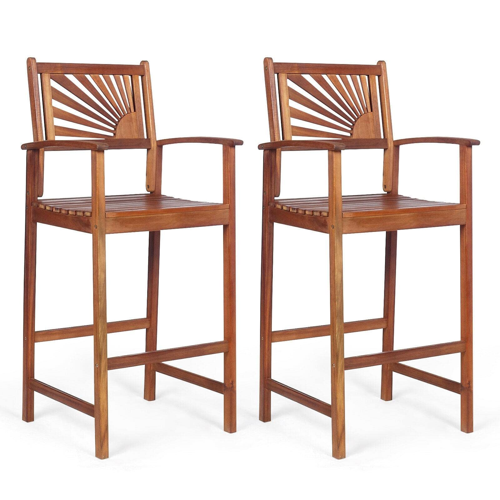 Sorks Set of 2 Acacia Wood Bar Stools with Armrests, 29 Inch Pub Chairs for Kitchen Counter, Outdoor Dining, and Home Bar Use