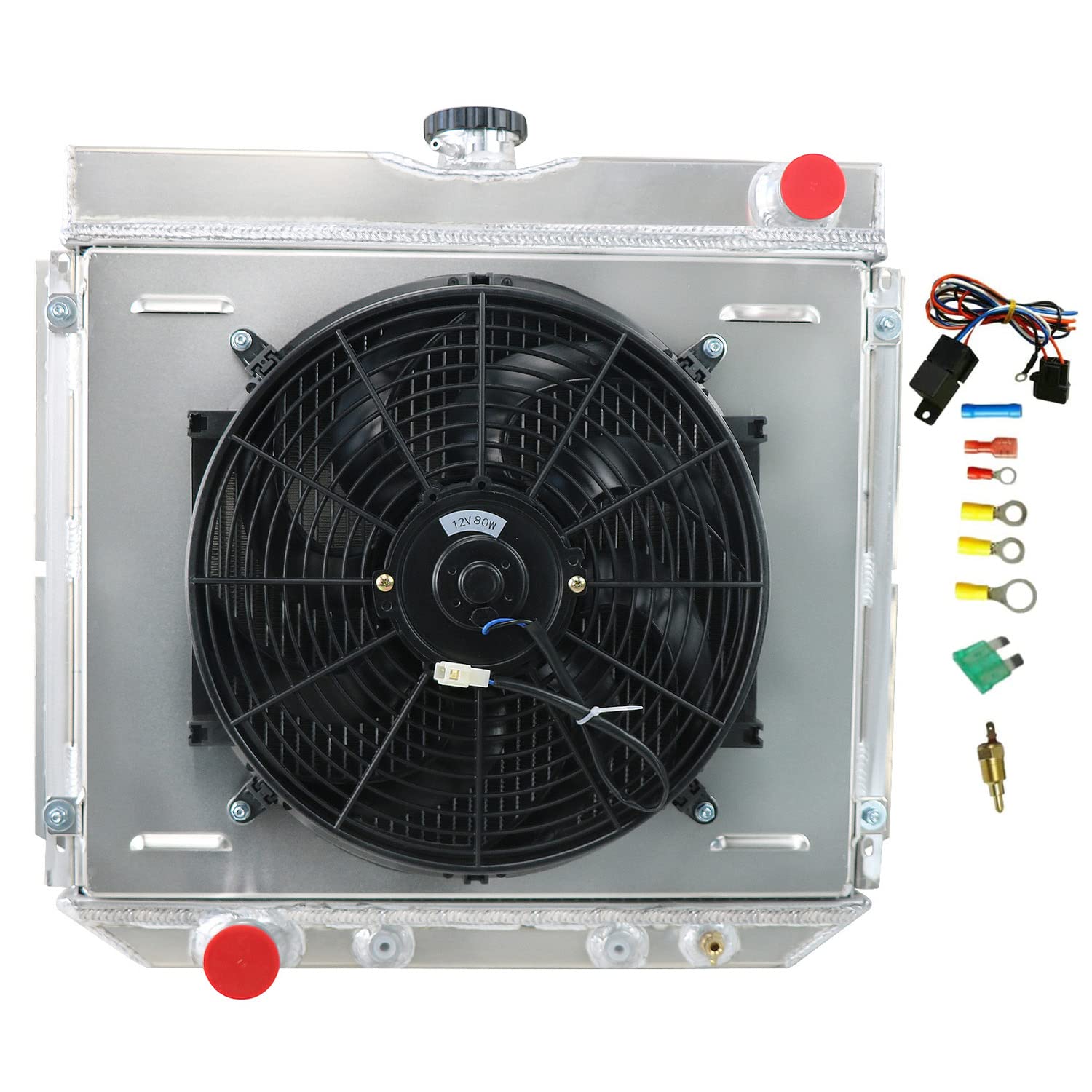 High Performance 3 Row Aluminum Radiator for 1969-1970 Ford Mustang & 1970-1977 Maverick | Fits Mercury Cougar L6 V6 V8 Engines | Includes Electric Fan Shroud & Thermostat Kit | Perfect for Street Racing & Classic Car Restoration