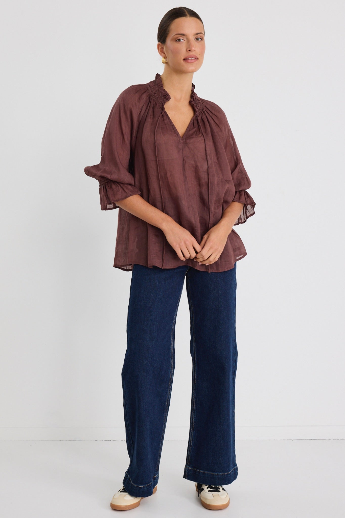 Expedition Chocolate Ramie Shirred Neck Short Sleeve Top - Breathable Summer Blouse for Outdoor Adventures & Casual Wear