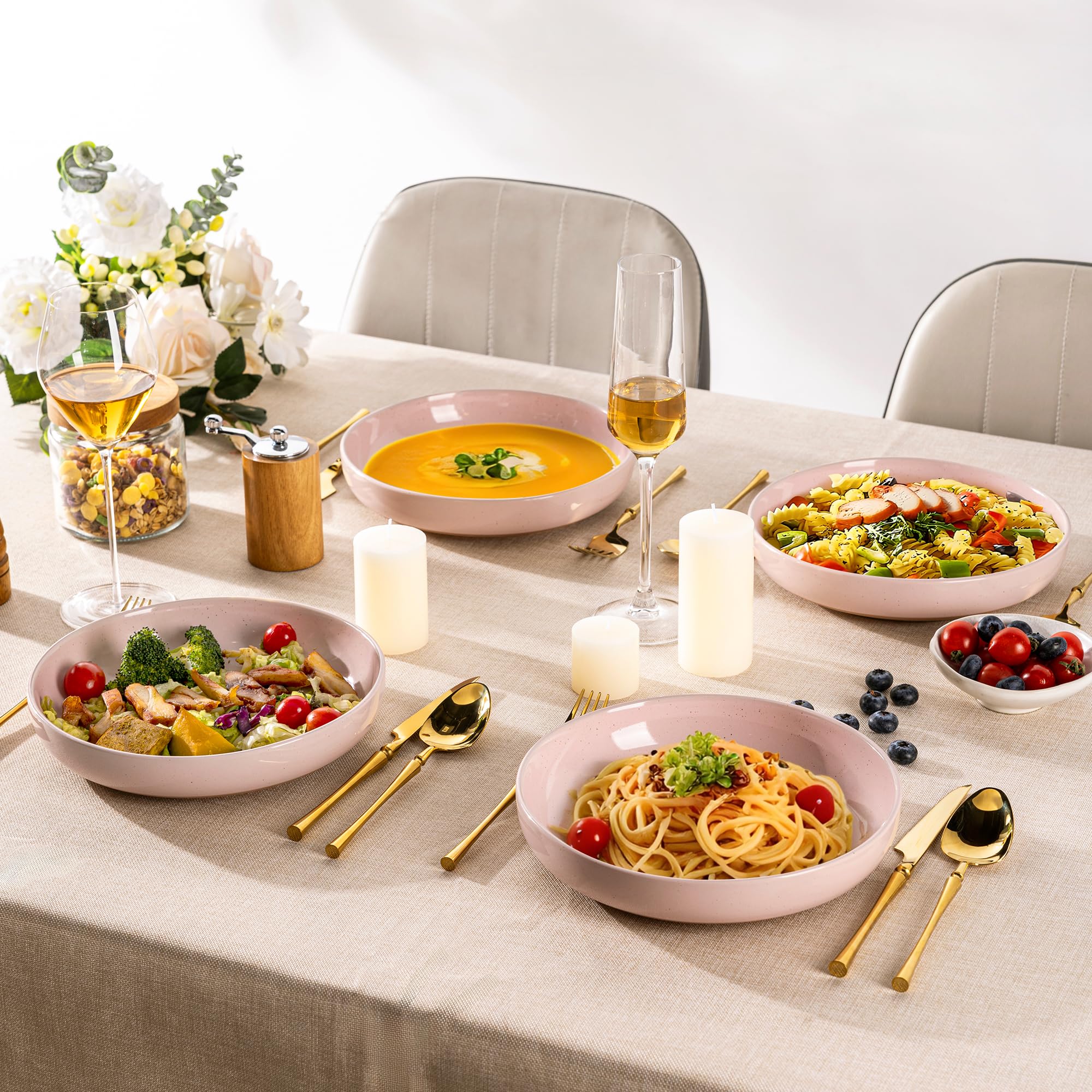 AmorArc 8.75'' Large Ceramic Pasta Bowls Set of 4 - 36oz Handpainted Stoneware Serving Bowls - Microwave & Dishwasher Safe - Rustic Terracotta Underside - Perfect for Pasta, Salad, Soup & Family Dinners - Cloud Pink Design