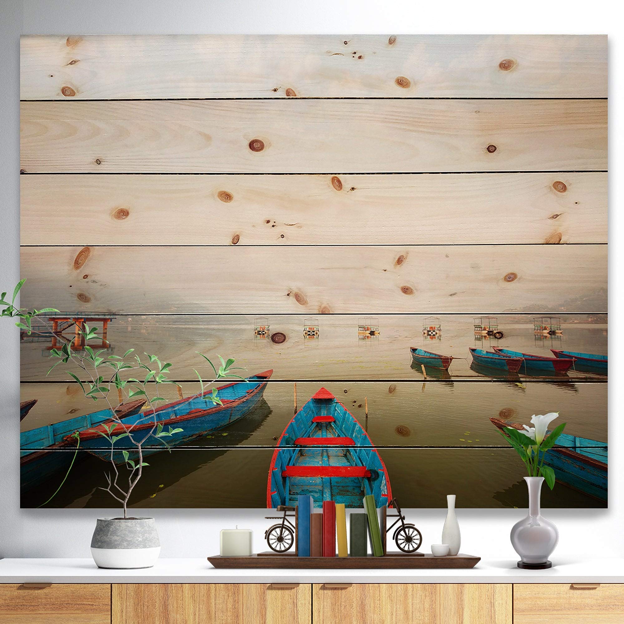 Designart 'Moving Boats in Mountain Lake' Pine Wood Wall Art Print - 40x30 Inches Multi-Color Canvas Painting for Living Room, Bedroom & Office Decor