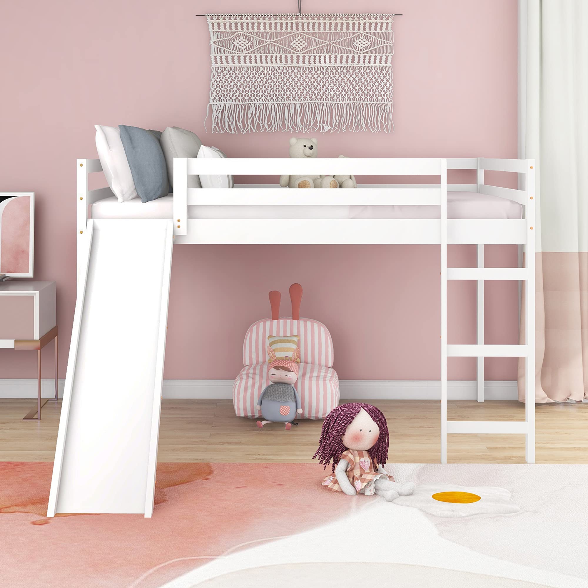 P PURLOVE Full Size Wooden Loft Bed with Slide - Sturdy Twin Loft Bed Frame for Kids & Teens, No Box Spring Required (White) | Space-Saving Bedroom Furniture for Small Rooms, Dorm & Playroom