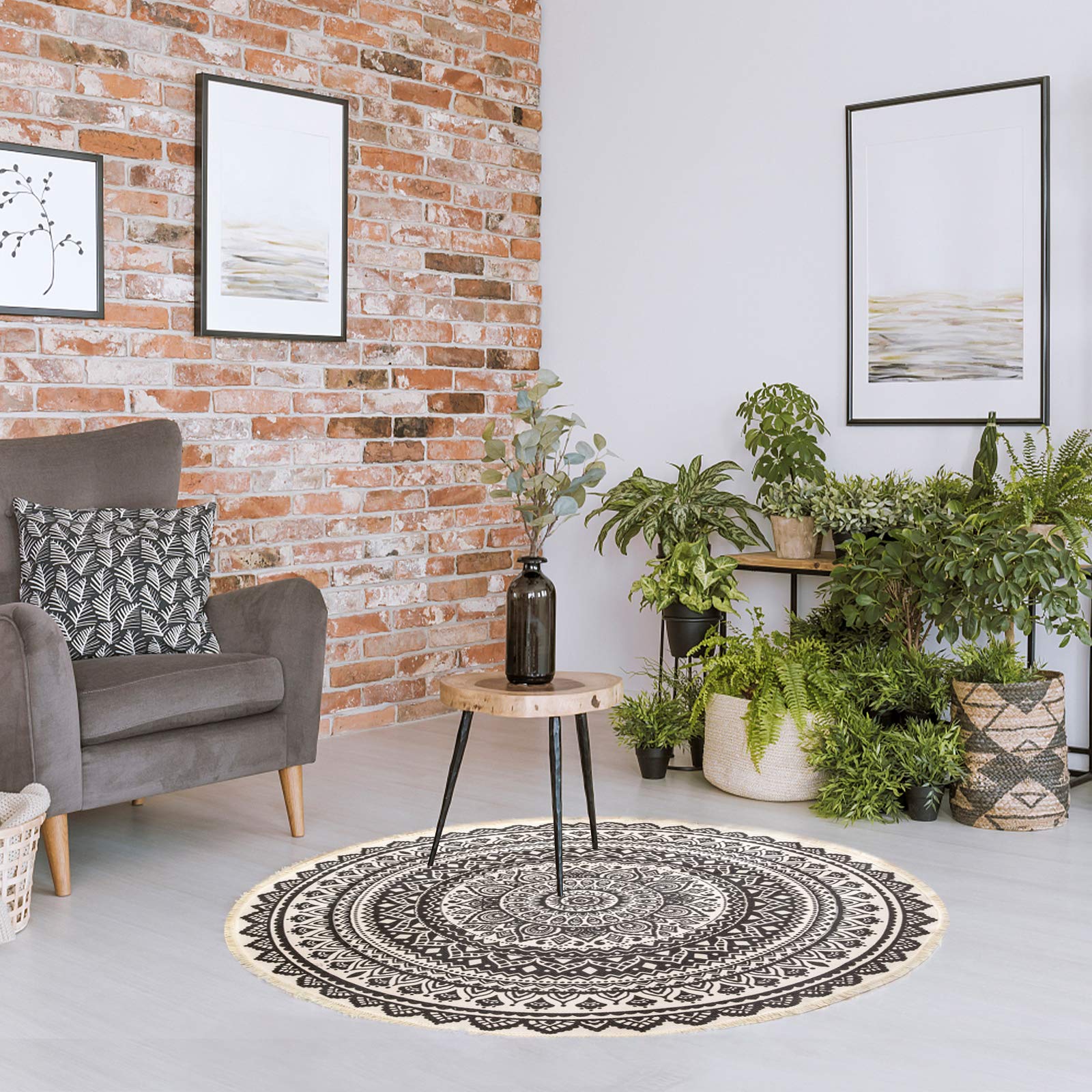Bohemian Mandala Round Area Rug - 3 Feet Handwoven Cotton Circle Rug with Tassels for Bedroom, Nursery, Living Room & Play Area | Non-Slip Kids Room Carpet, Boho Home Decor Floor Mat
