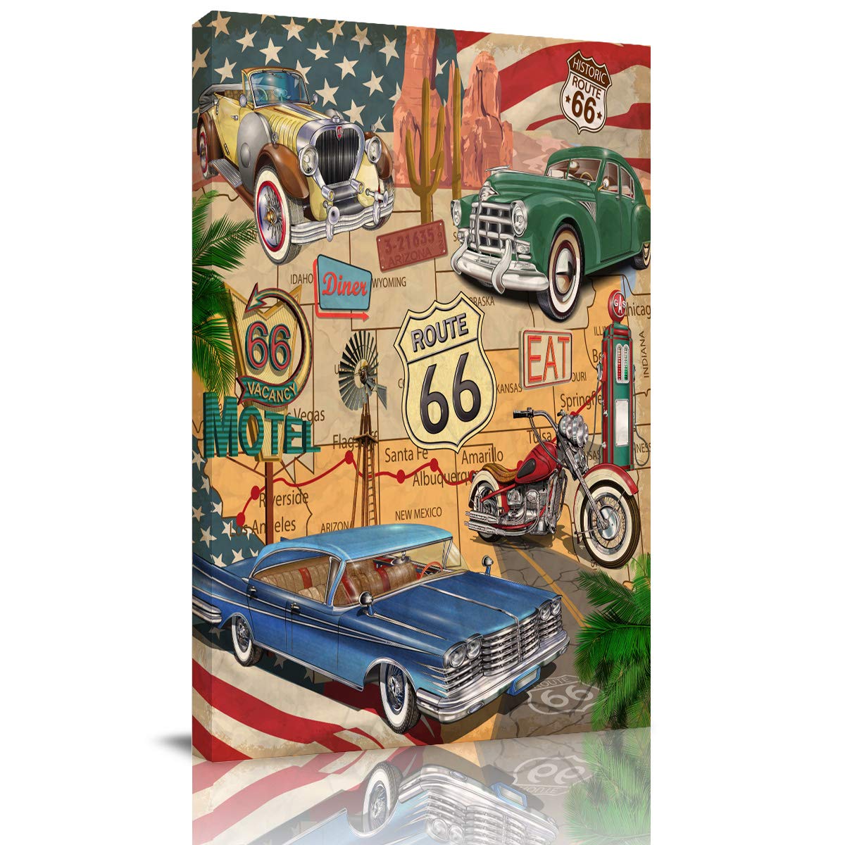 Vintage Route 66 Antique Car Canvas Wall Art - 24x36 Inch Classic American Road Trip Painting for Living Room, Bedroom & Bathroom Decor | Perfect for Home, Office & Cafe Wall Decoration