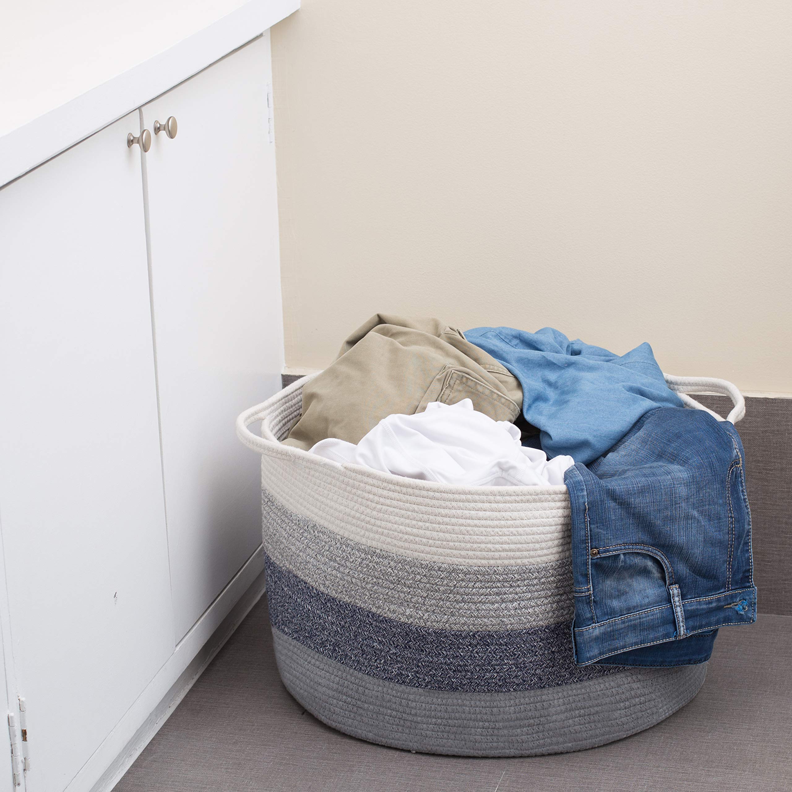 Large Cotton Rope Storage Basket with Handles - Decorative Woven Organizer Bin for Baby Nursery, Dog Toys, Laundry & Home Organization | Perfect for Blankets, Stuffed Animals & Clutter-Free Spaces