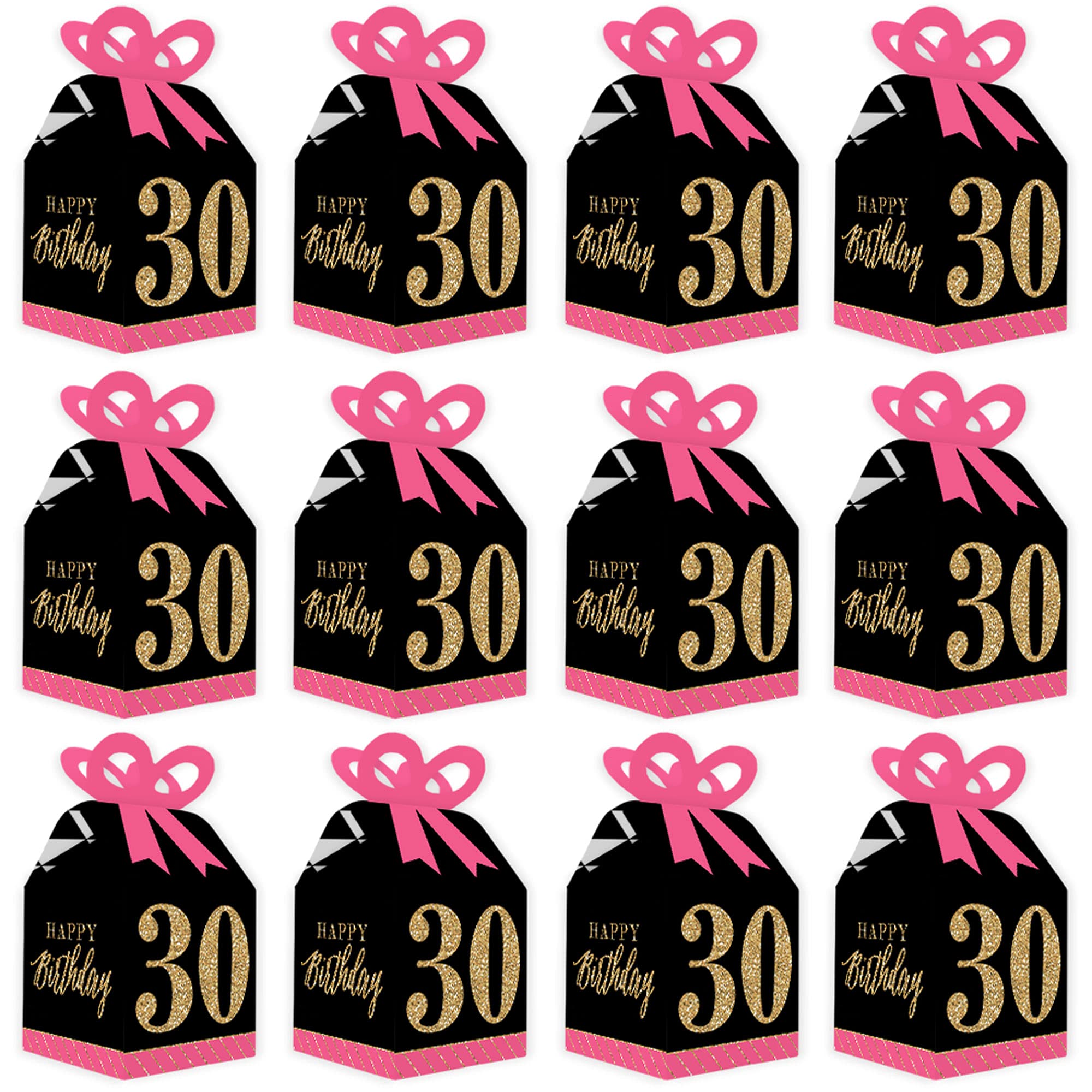 Chic 30th Birthday Gift Boxes - Pink, Black & Gold - Set of 12 for Party Favors