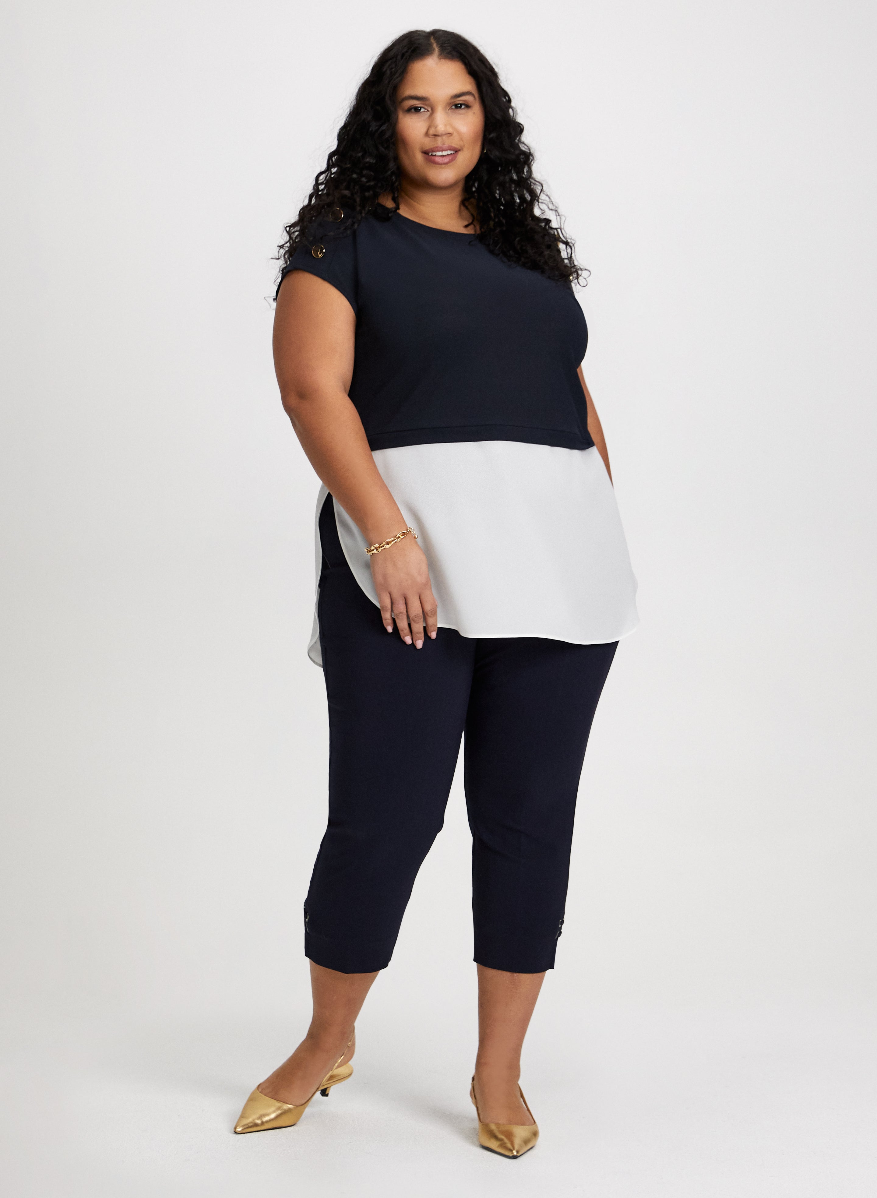 Stylish Color Block Top & Bengaline Capris Set - Trendy Women's Fashion Outfit for Casual Wear & Summer Outings