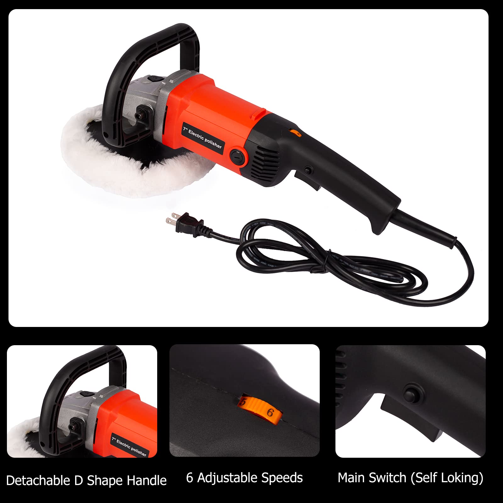 Yoluckea 10A Electric Car Buffer Polisher with 7” Pad, 6 Variable Speeds, Detachable Handle & Accessories - Ideal for Car Detailing, Waxing, and Polishing