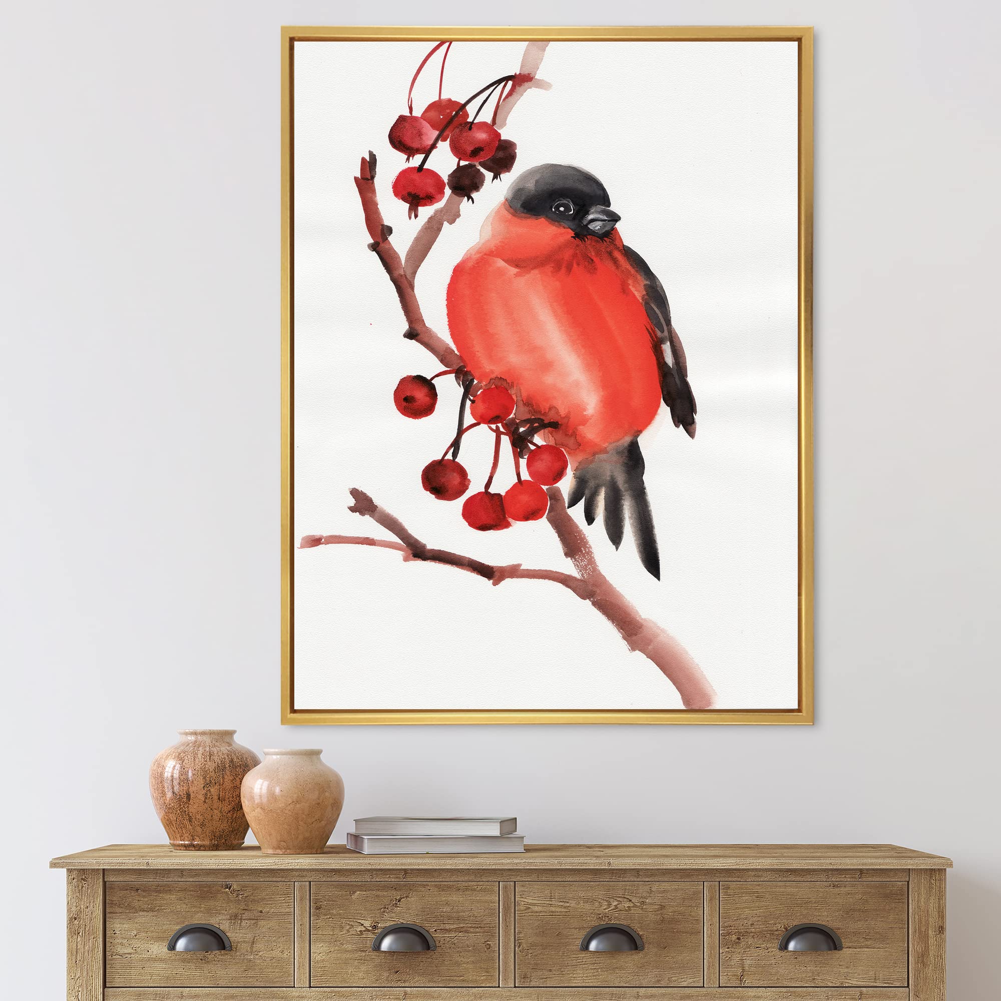 DesignQ Red Bullfinch Bird on Branch with Berries - Traditional Framed Canvas Wall Art Print for Living Room, Bedroom & Office Decor