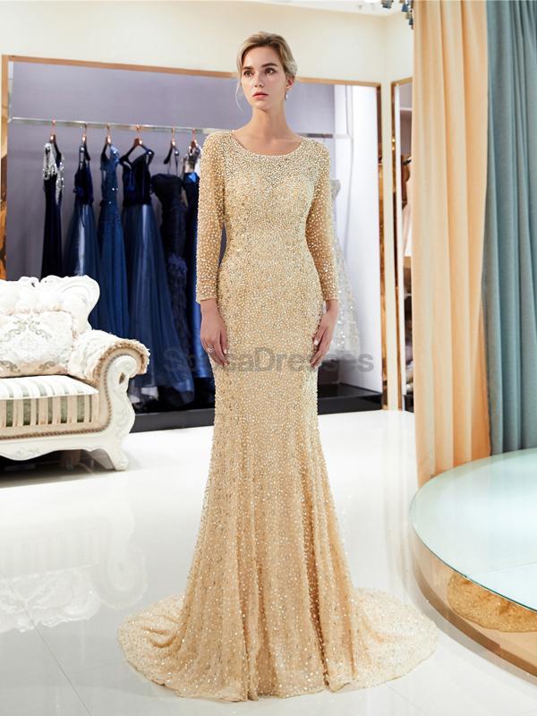 Elegant Long Sleeve Open Back Mermaid Gold Beaded Evening Gown - Formal Prom Dress for Women - Perfect for Homecoming, Ball, Wedding & Special Occasions