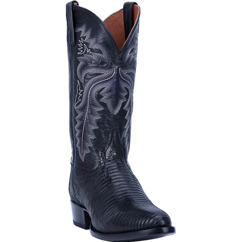 Dan Post Men's Winston Lizard Embroidered Round Toe Pull-On Dress Boots - Mid Calf Western Cowboy Boots for Men - Black Leather Boots for Formal Wear, Country Dancing & Special Occasions