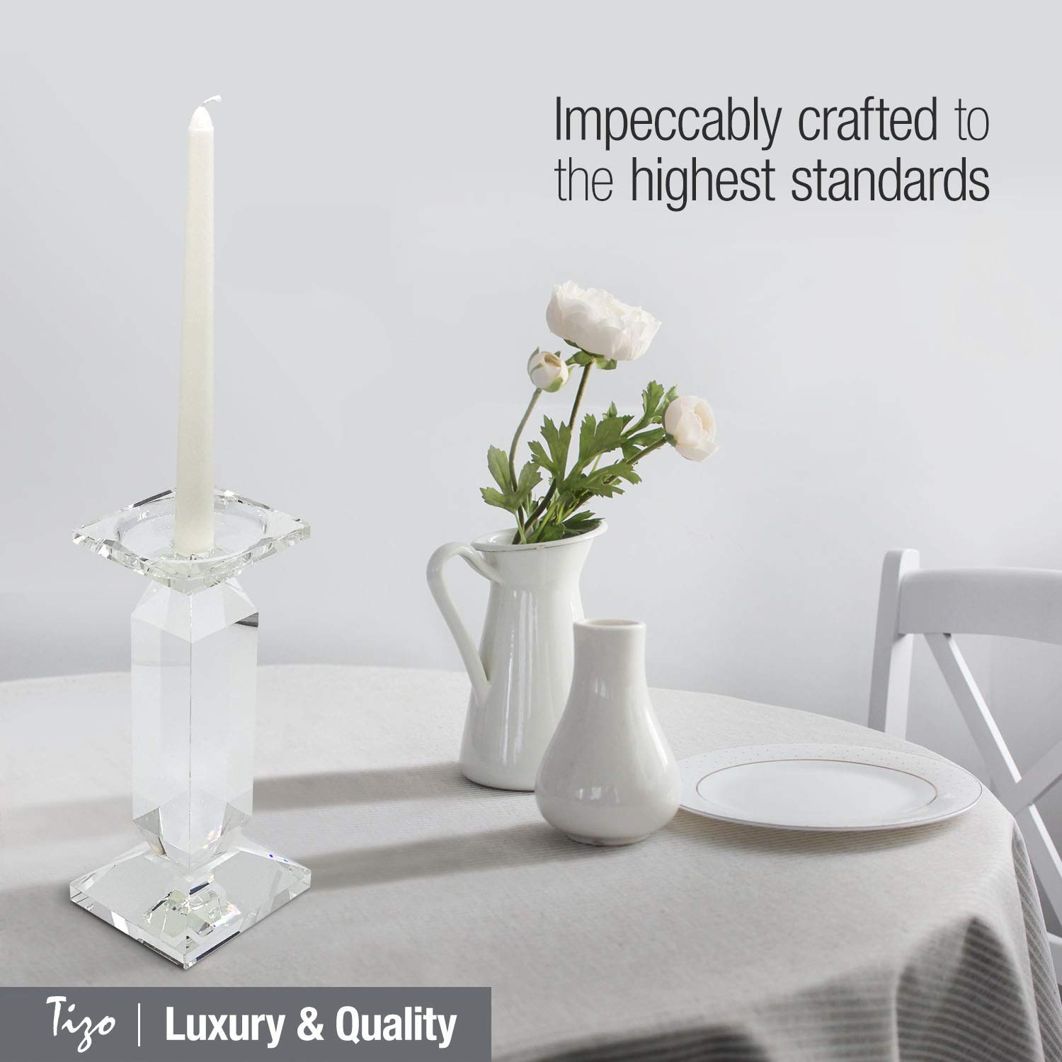 Elegant Clear Crystal Glass Candle Holder for Pillar or Taper Candles - 4 x 4 x 13.5 inch Medium Size - Perfect for Wedding Centerpieces, Dining Table Decor, and Romantic Home Ambiance