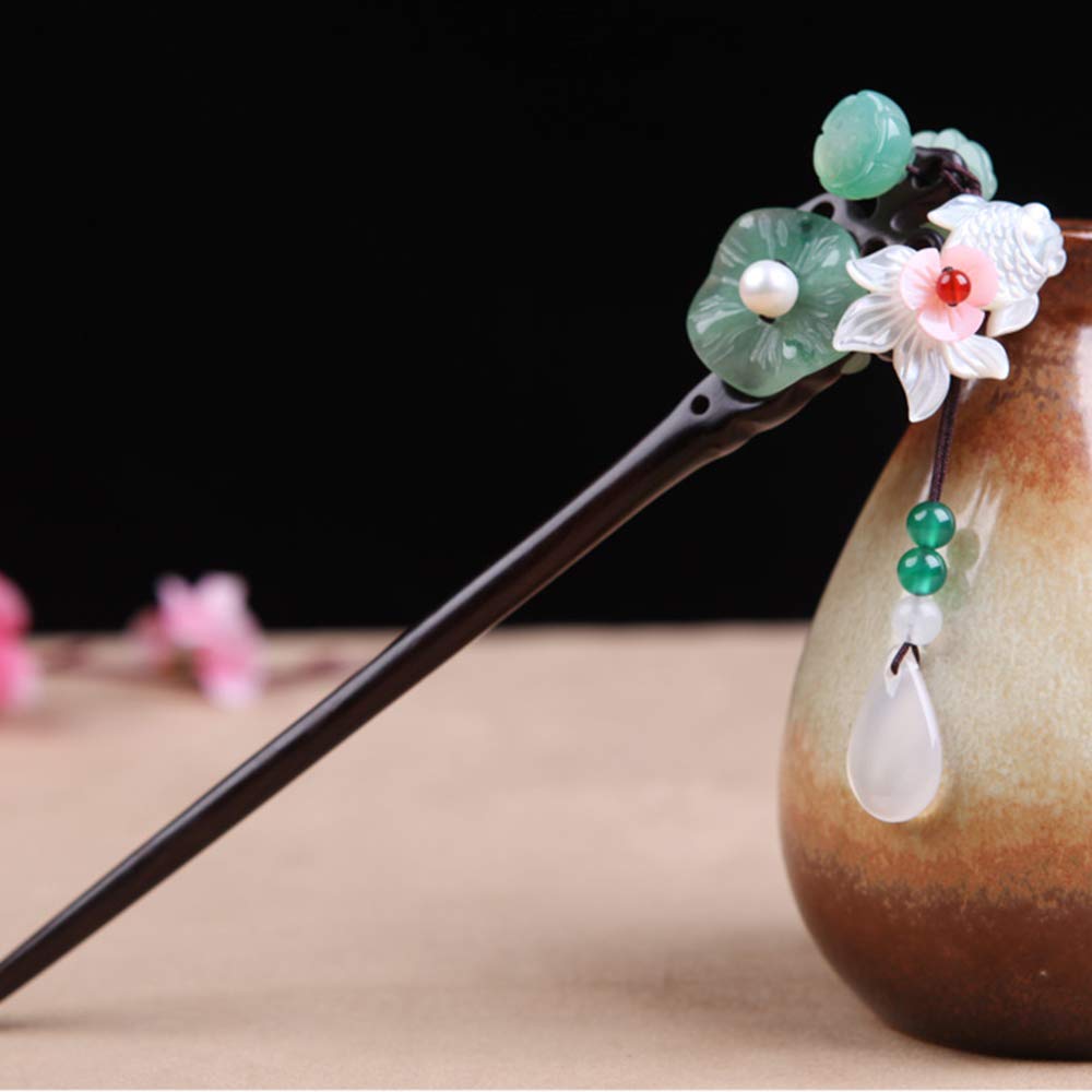 Chinese Golden Fish Lotus Wooden Hair Sticks for Women - Handmade Bun Hair Pins, Hair Chopsticks for Long Hair - Perfect for Daily Use, Parties & Special Occasions