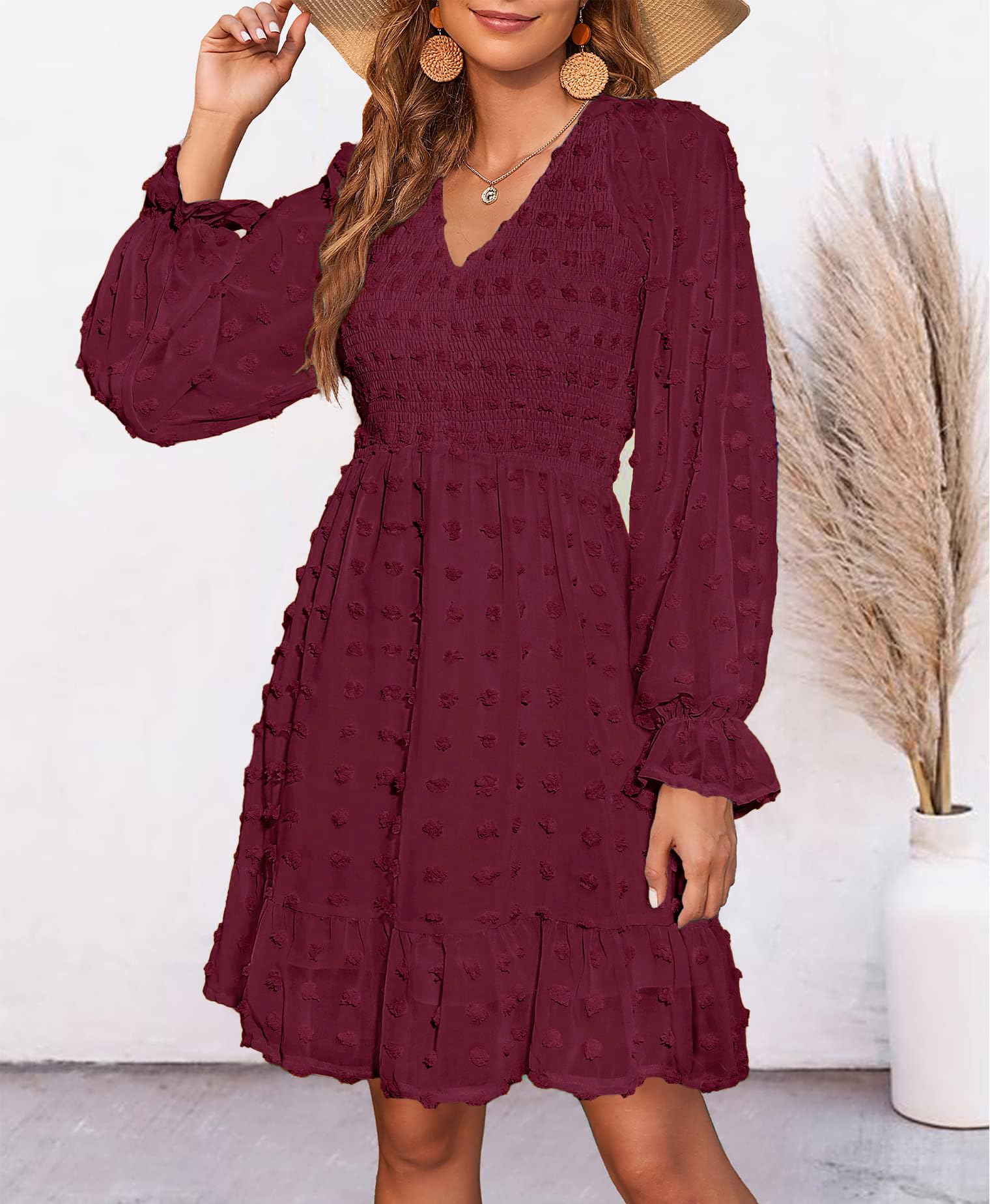 BTFBM Women's Smocked Short Dress - V Neck Long Sleeve Swiss Dot Ruffle Chiffon Flowy Mini Dress for Spring Summer 2025 | Casual Outfit for Brunch, Beach Vacation & Date Night
