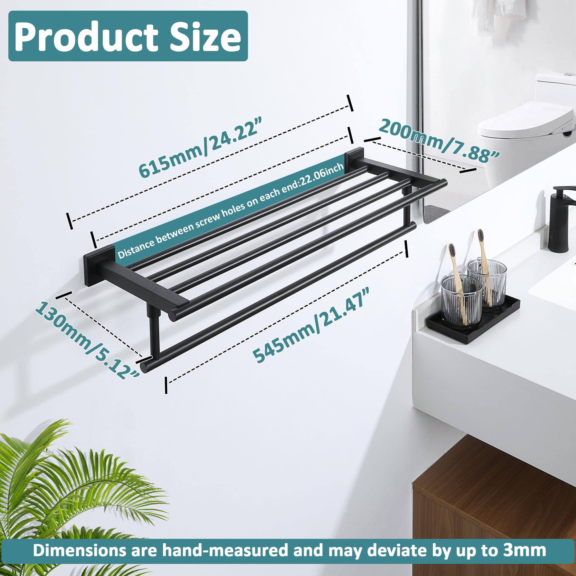 24 Inch Stainless Steel Towel Rack for Bathroom - Wall Mounted Heavy Duty Towel Holder with Shelf, SUS 304 Matte Black - Perfect for Spa, Hotel & Home Bathroom Organization