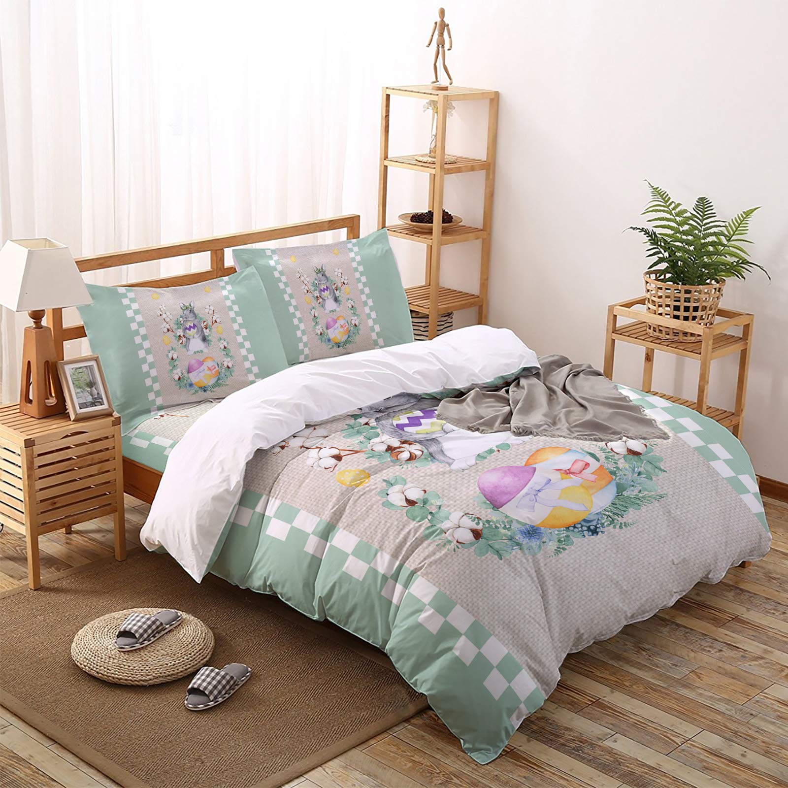 Sunflower 4-Piece Queen Size Duvet Cover Set - Soft Cotton Plaid Luxury Bedding with Bunny Hugs Easter Design (1 Duvet Cover + 1 Sheet + 2 Pillowcases) - Perfect for Spring Bedroom Decor & Easter Gift Ideas