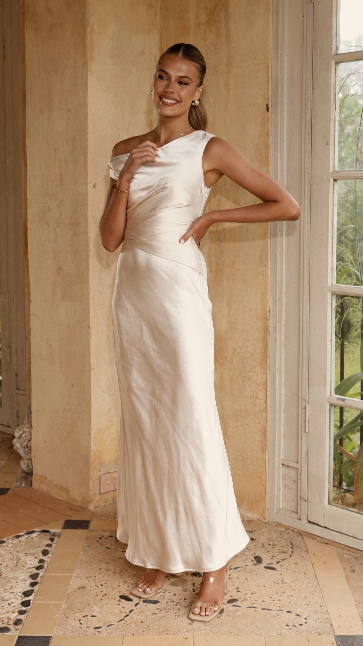 Auria Off Shoulder Maxi Dress in Champagne - Elegant Summer Beach Wedding Guest Dress for Women