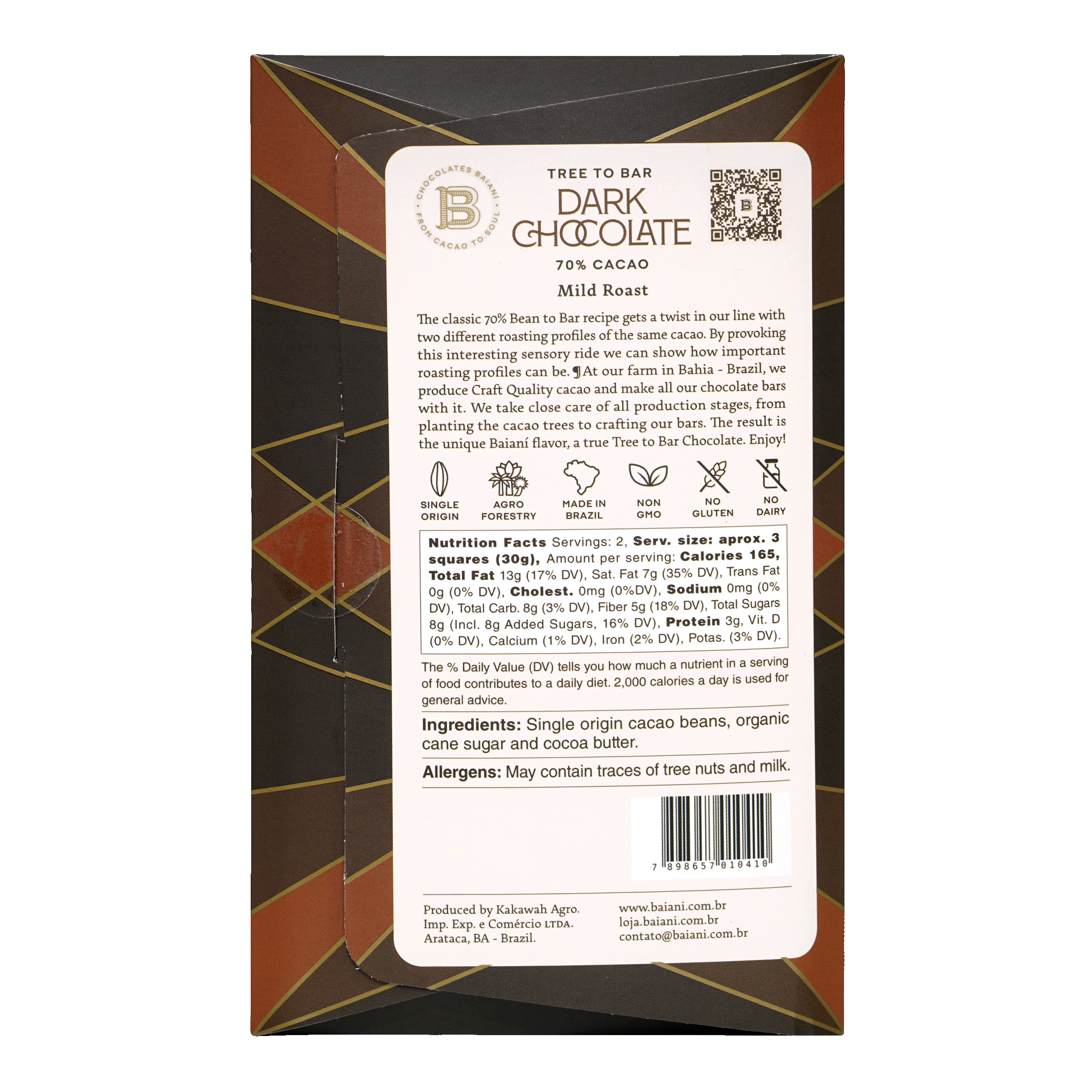 Premium Baiani Mild Roast Trinitario 70% Dark Chocolate Bar - Rich Cocoa Flavor for Baking, Gifts & Healthy Snacking