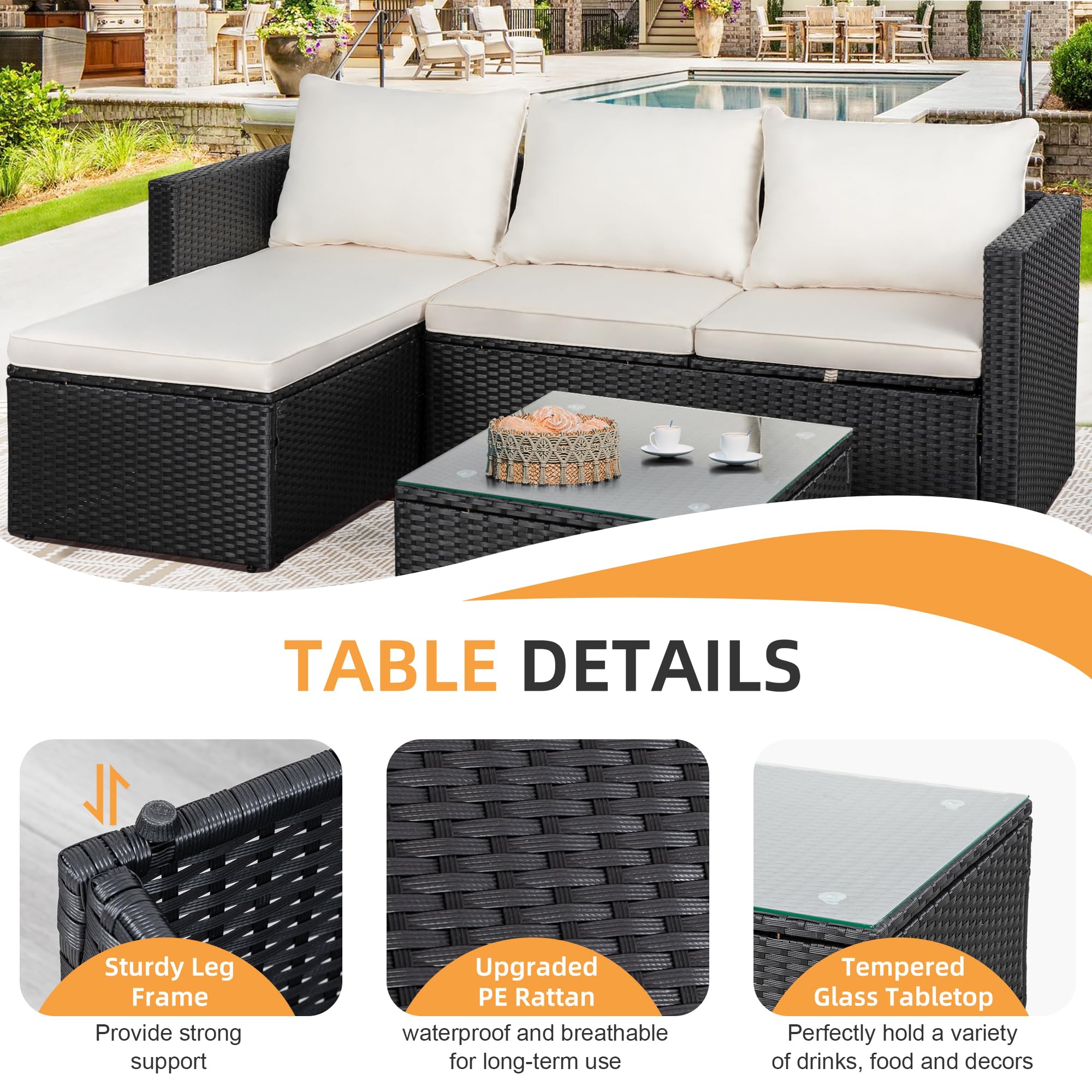 Shintenchi 3-Piece All-Weather Wicker Patio Furniture Set - Outdoor Sectional Sofa with Glass Coffee Table & Cushions (Beige) | Perfect for Backyard, Garden, Poolside & Balcony Relaxation