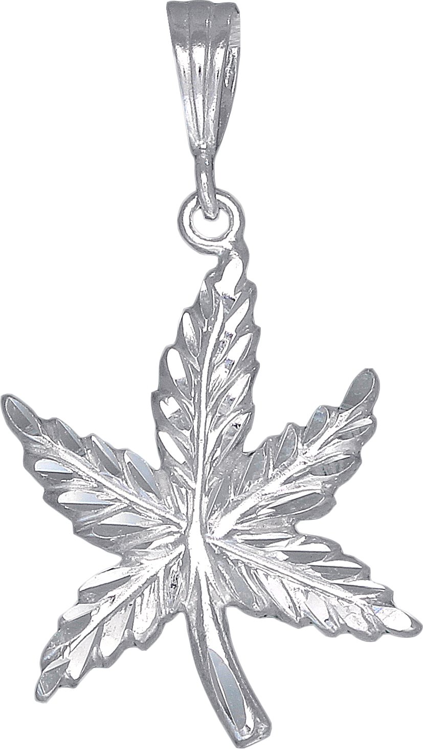 Sterling Silver Marijuana Leaf Pendant Necklace - Diamond Cut Finish 2.9g - Perfect for 420 Gifts, Stoner Jewelry & Hippie Fashion Accessories