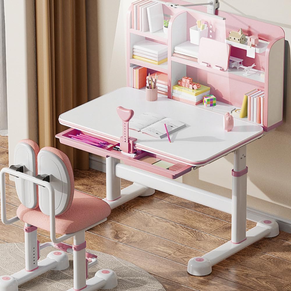 Adjustable Kids Study Desk and Chair Set with LED Light & Storage - Ergonomic Children's Writing Table, Tilt Desktop, Bookstand for School & Homework - Perfect for Home, Classroom, Dorm (Pink)