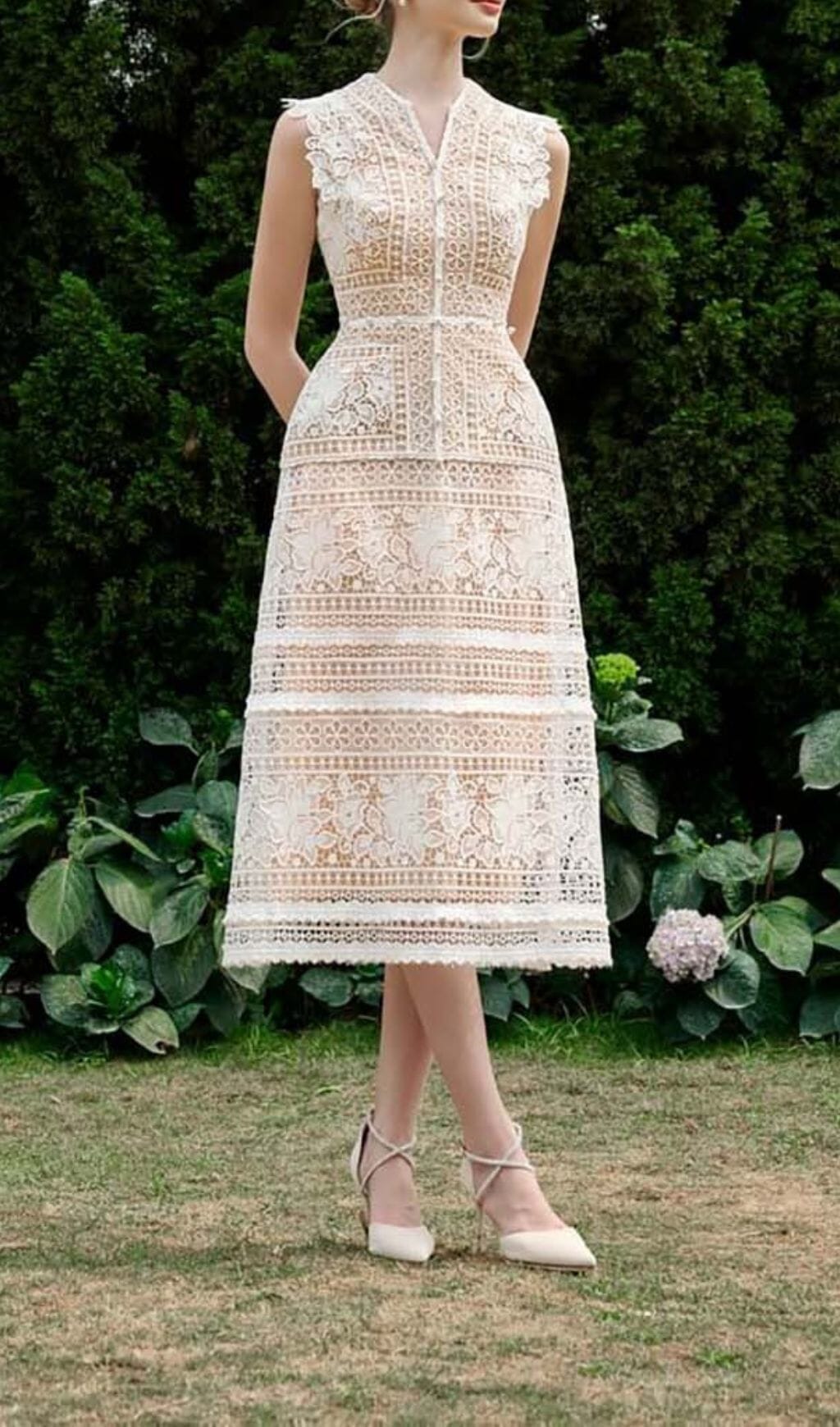 Elegant A-Line Sleeveless Silk Lace Midi Dress for Women - Perfect for Weddings, Cocktail Parties & Special Occasions