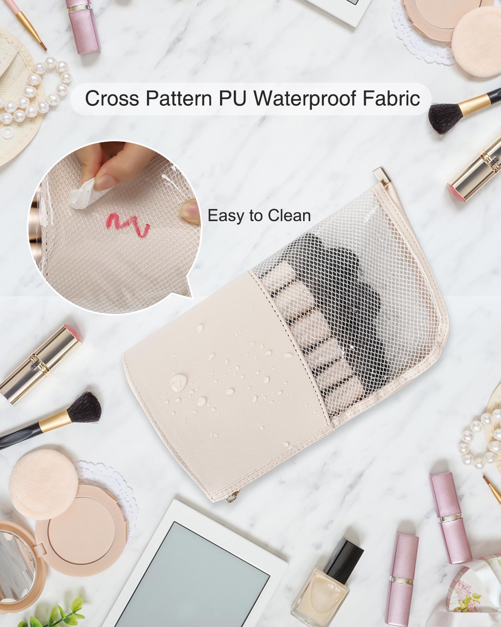 MONSTINA Professional Makeup Brush Holder Bag - Waterproof Portable Organizer Pouch with Stand-Up Design, Extra Large Beige Cosmetic Case for Artists | Perfect for Travel, Home & Salon Use