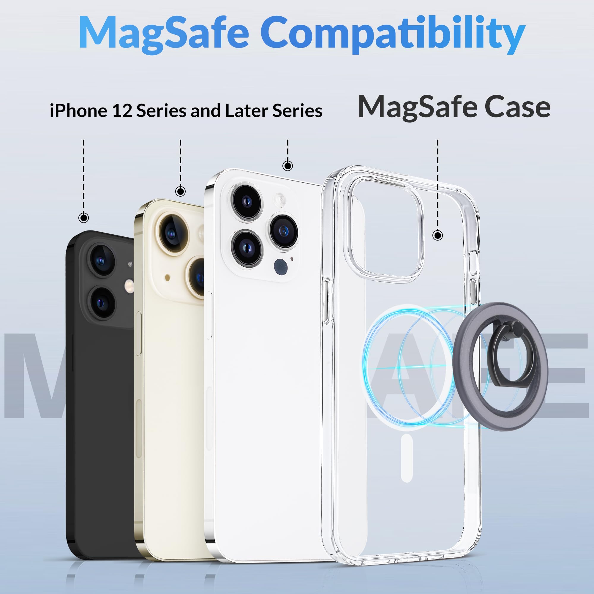 Metisinno Magnetic Phone Ring Holder for iPhone 16/15/14/13/12 & Magsafe Case - 360° Adjustable Finger Grip - Wireless Charging Compatible - Black Translucent - Perfect for Gym, Driving & One-Hand Phone Use