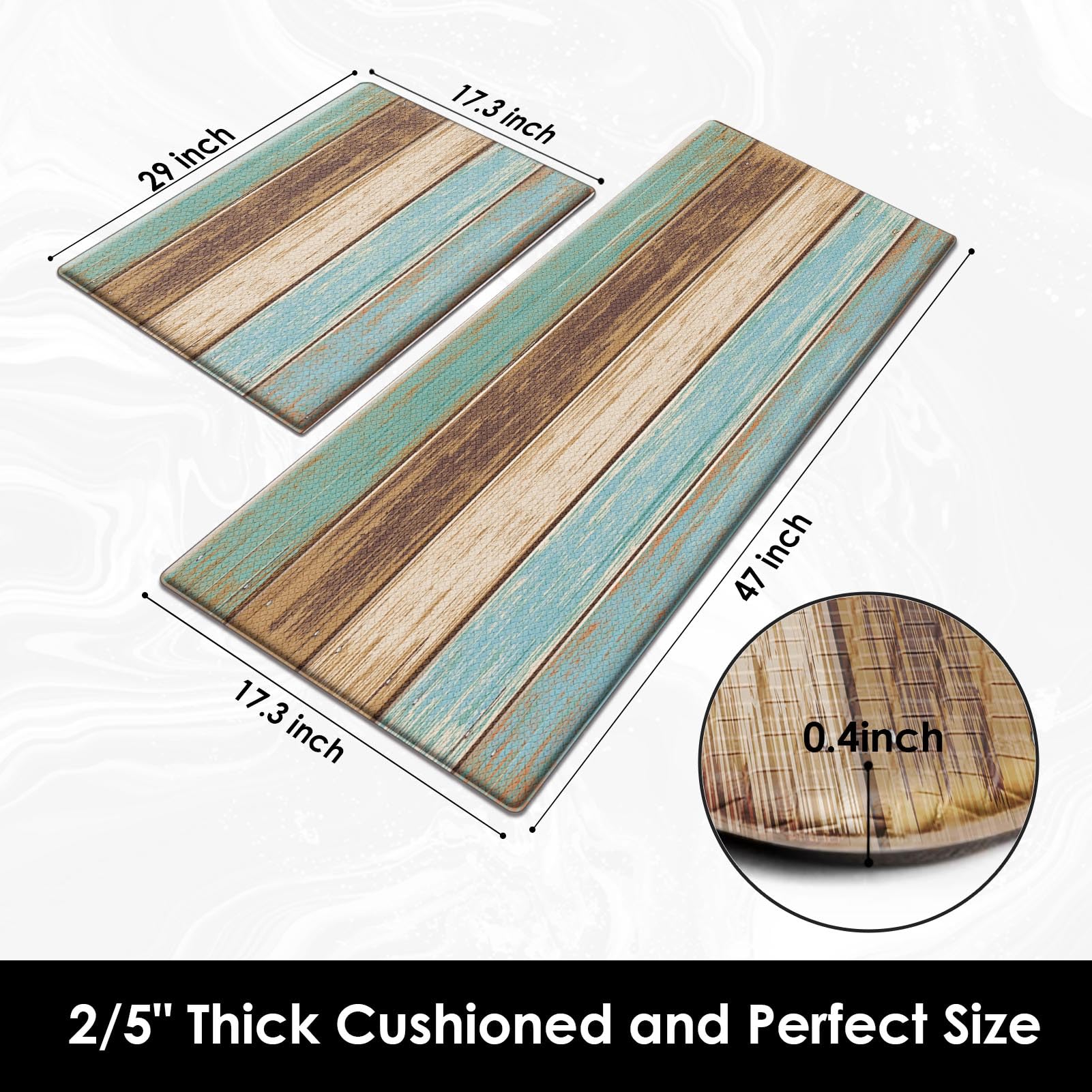 Anti-Fatigue Kitchen Rug Set of 2 - Cushioned Teal & Brown Floor Mats for Standing Comfort, Waterproof Non-Slip PVC Foam - Perfect for Kitchen, Office, or Laundry Room