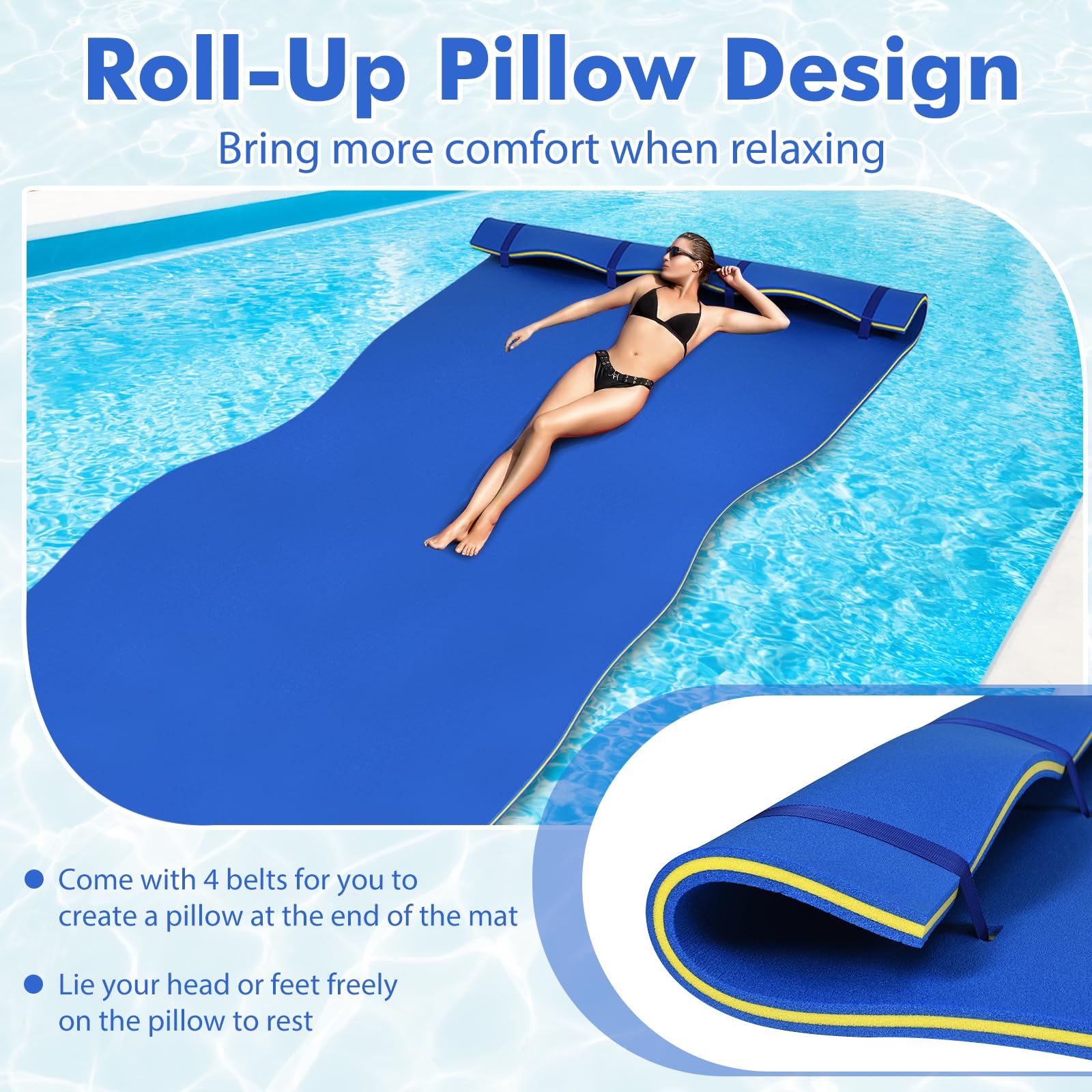 GYMAX 9/18 FT x 6 FT Floating Water Pad with Rolling Pillow - 3-Layer Inflatable Foam Mat for Pool, Lake, Beach & Sea | Perfect for Swimming, Relaxing & Summer Water Activities