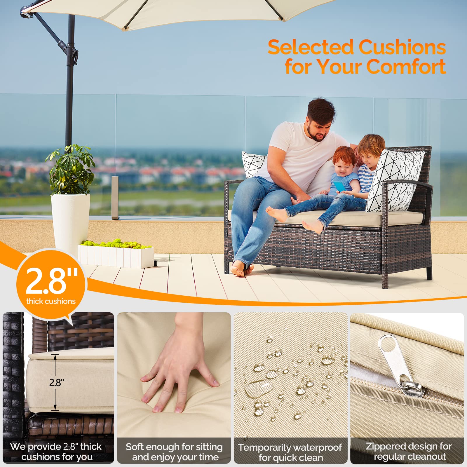 VINGLI 40 Gallon Outdoor Storage Bench with Cushion - Wicker Rattan Deck Box & Patio Sofa Bench for Porch, Yard, Garden - Weather-Resistant Brown Storage Solution for Outdoor Cushions, Pool Toys & Gardening Tools