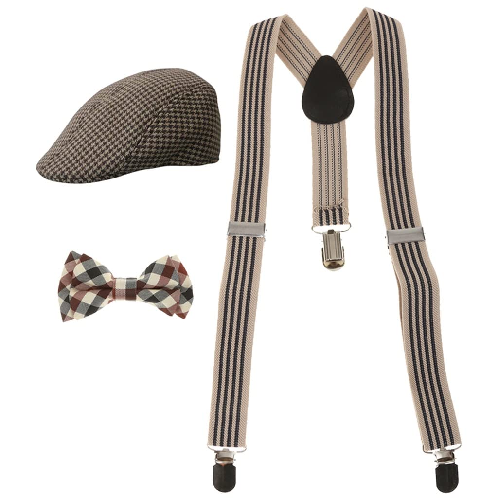 Stylish Kids Y-Back Suspenders with Clip-on Braces, Necktie & Beret Cap Set - Adjustable One Size (Brown) | Perfect for School Uniforms, Parties & Formal Events
