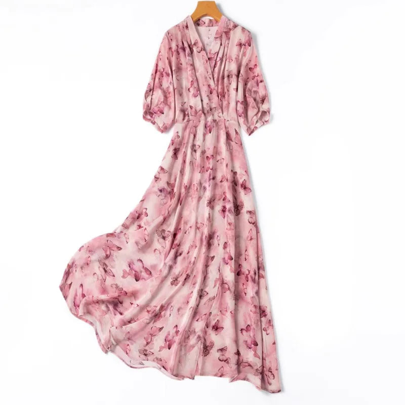French Artistic Pink Purple Butterfly Print 1.2m Extended Hem 100% Mulberry Silk Women's Dress - Elegant Evening Gown for Weddings, Parties & Special Occasions