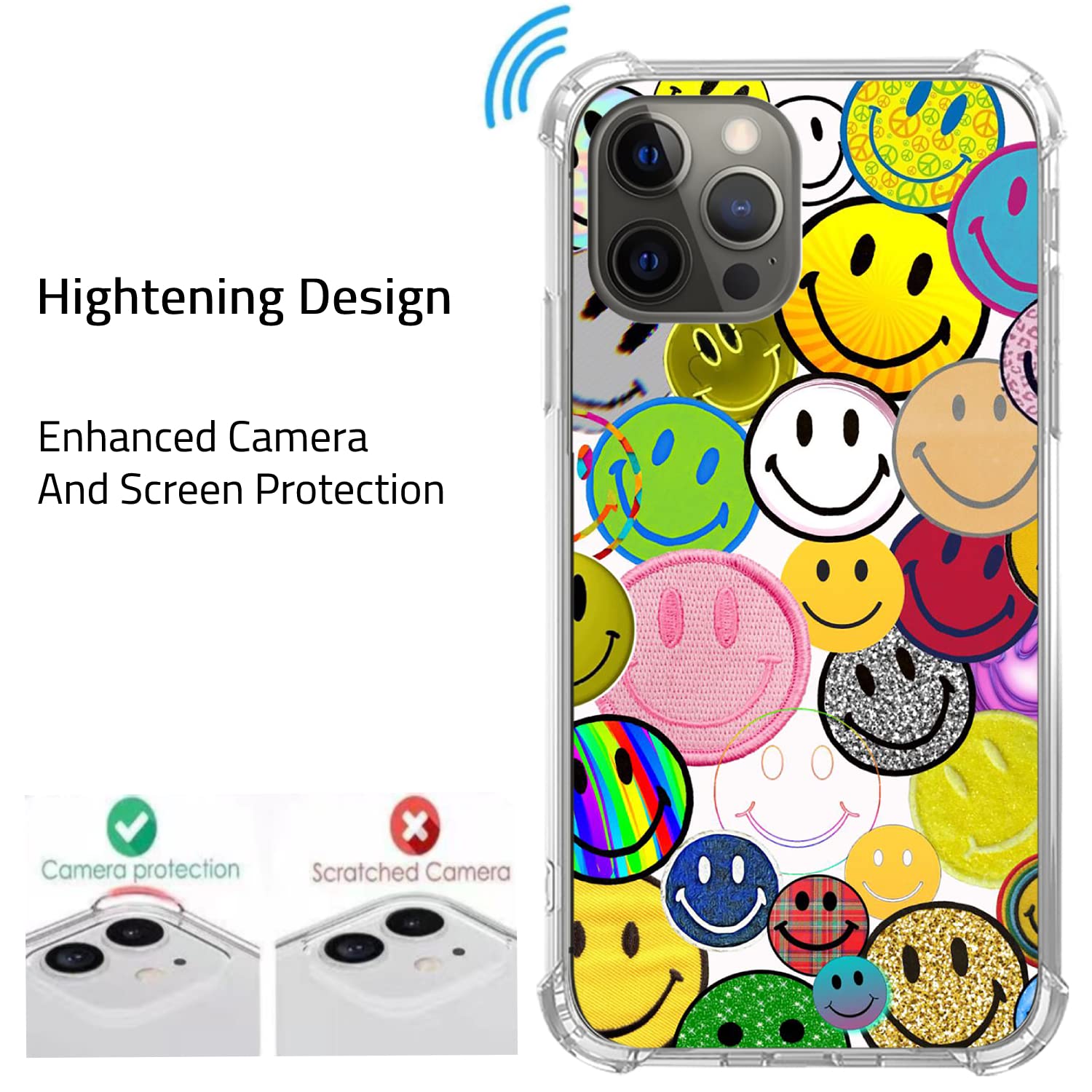 Colorful Retro Smile Face Phone Case for iPhone 12 Pro Max - Cute Hippie Design Trendy TPU Bumper Cover Compatible with iPhone 12 Pro Max for Women Men Girls Boys - Perfect for Music Festivals, Beach Days & Boho Style Lovers