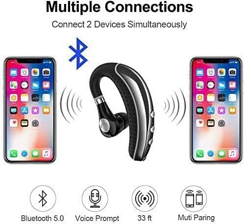 Wireless Bluetooth Headset V5.0 with Noise Cancelling Mic - Lightweight Business Earphone for Android & iPhone - Perfect for Driving, Trucking & Office Use (Grey)