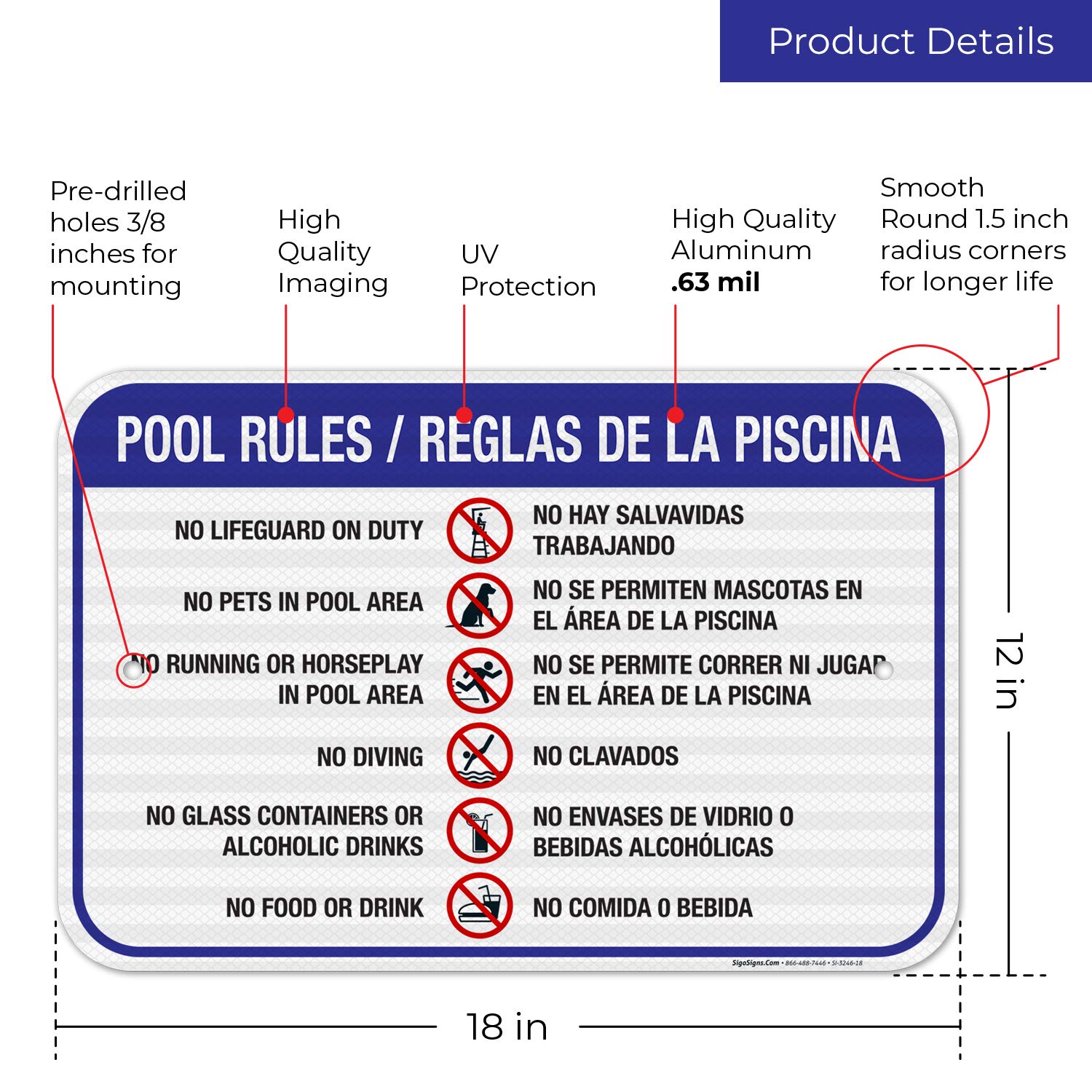 Pool Rules Sign Bilingual Spanish English - 12x18 Inches Reflective Aluminum for Safety - Fade Resistant Indoor/Outdoor Sign Made in USA - Perfect for Residential & Commercial Pools, Spas, and Water Parks