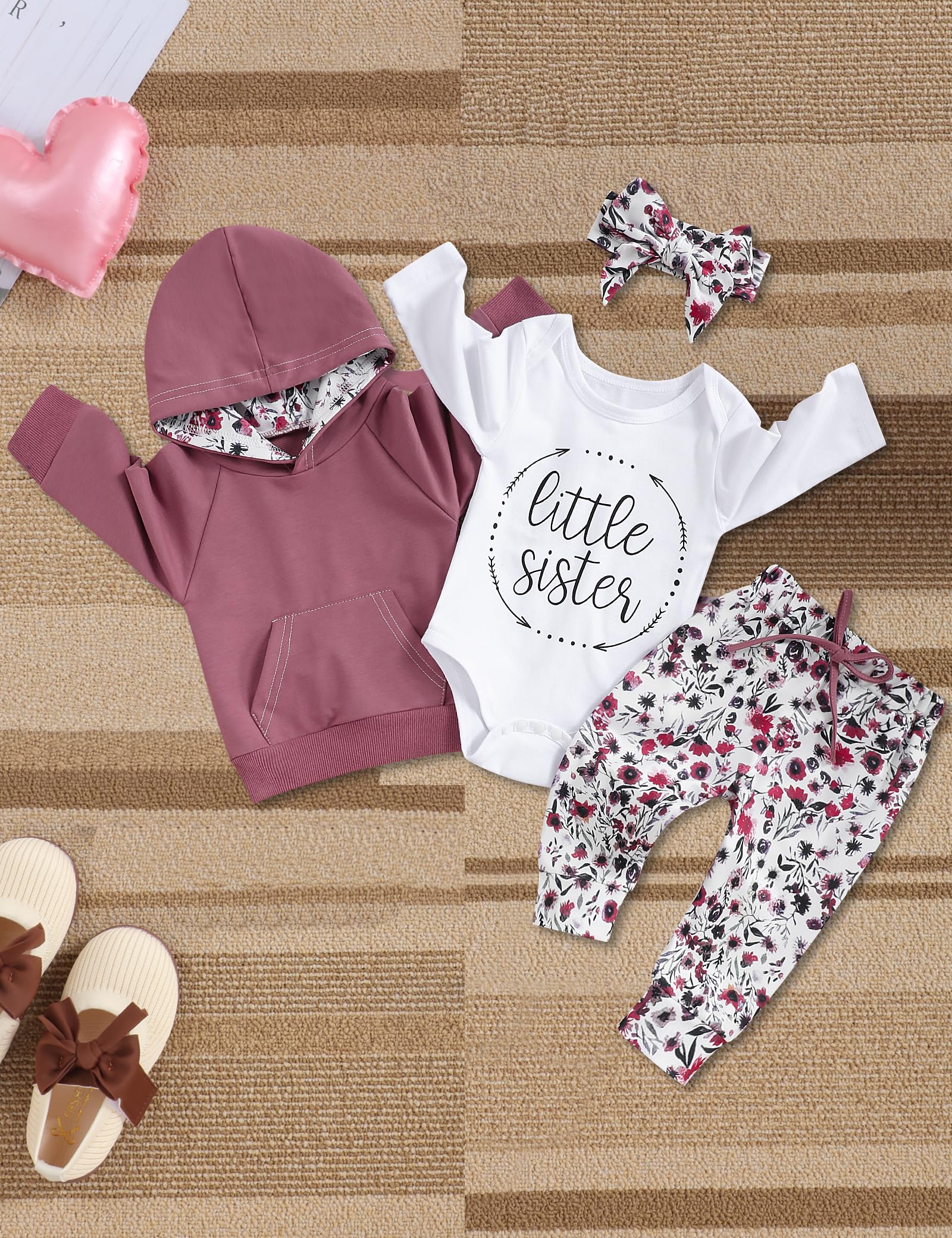 OKLady Baby Girl Clothes Set - 4PCS Floral Romper Hoodie Tops & Pants with Cute Headband | Little Sister Outfits for Fall | Perfect for Family Photos, Playdates & Special Occasions