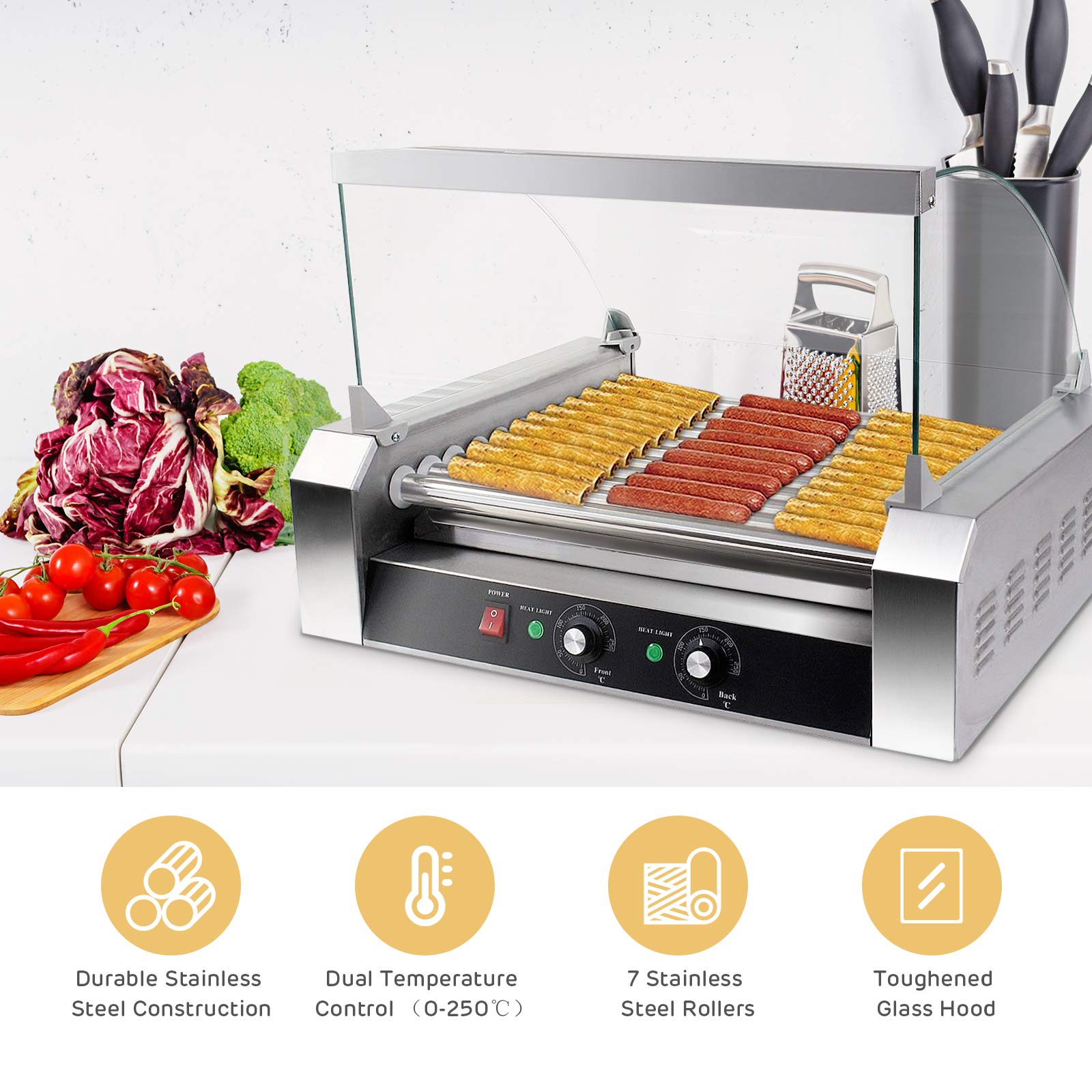 Electric Hot Dog Roller Machine - Commercial 30 Hot Dog 11 Non-Stick Roller Grill with Removable Stainless Steel Drip Tray & Glass Hood Cover - Countertop Sausage Warmer for Restaurants, Convenience Stores & Food Trucks